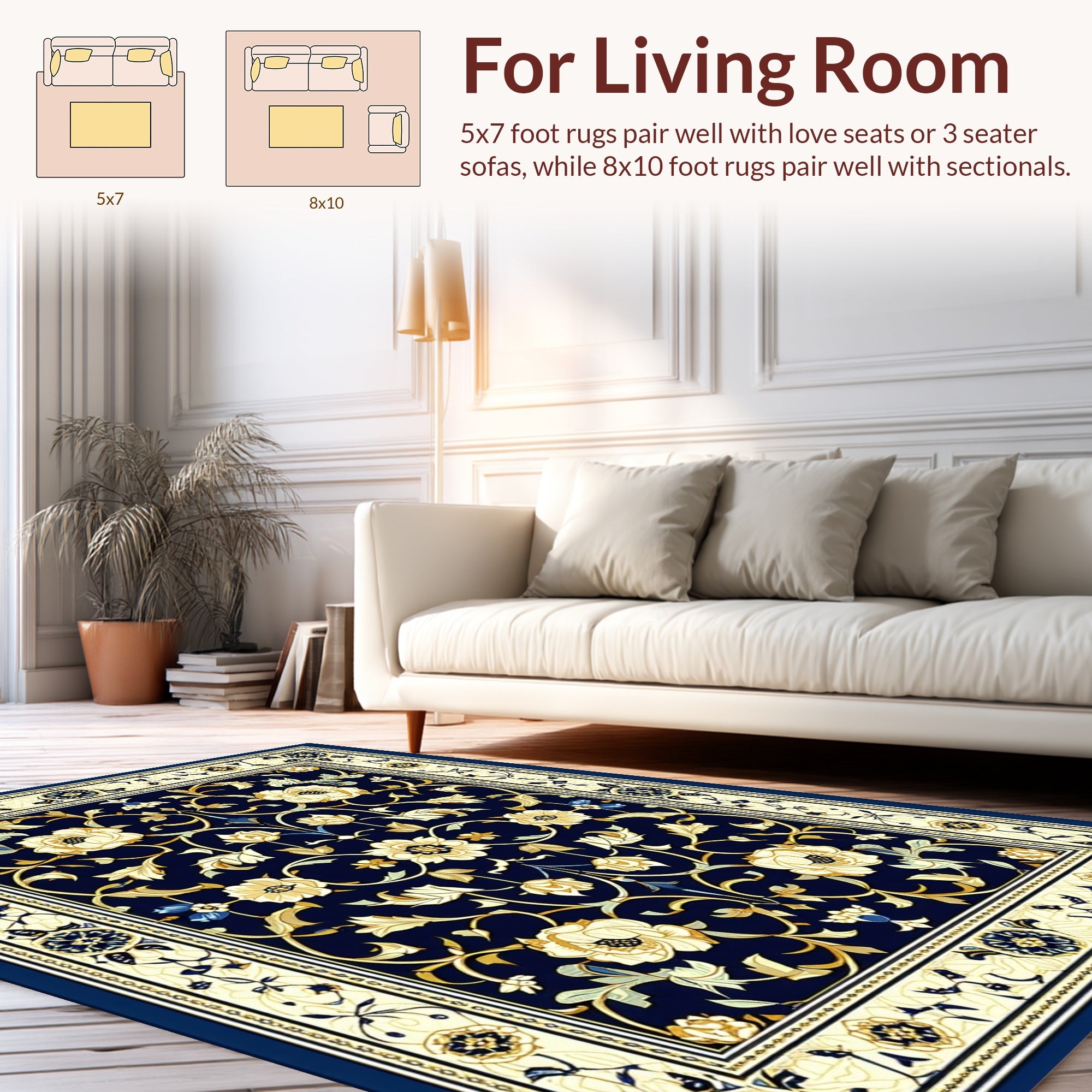 Ornate Navy Floral Border Pattern Rug