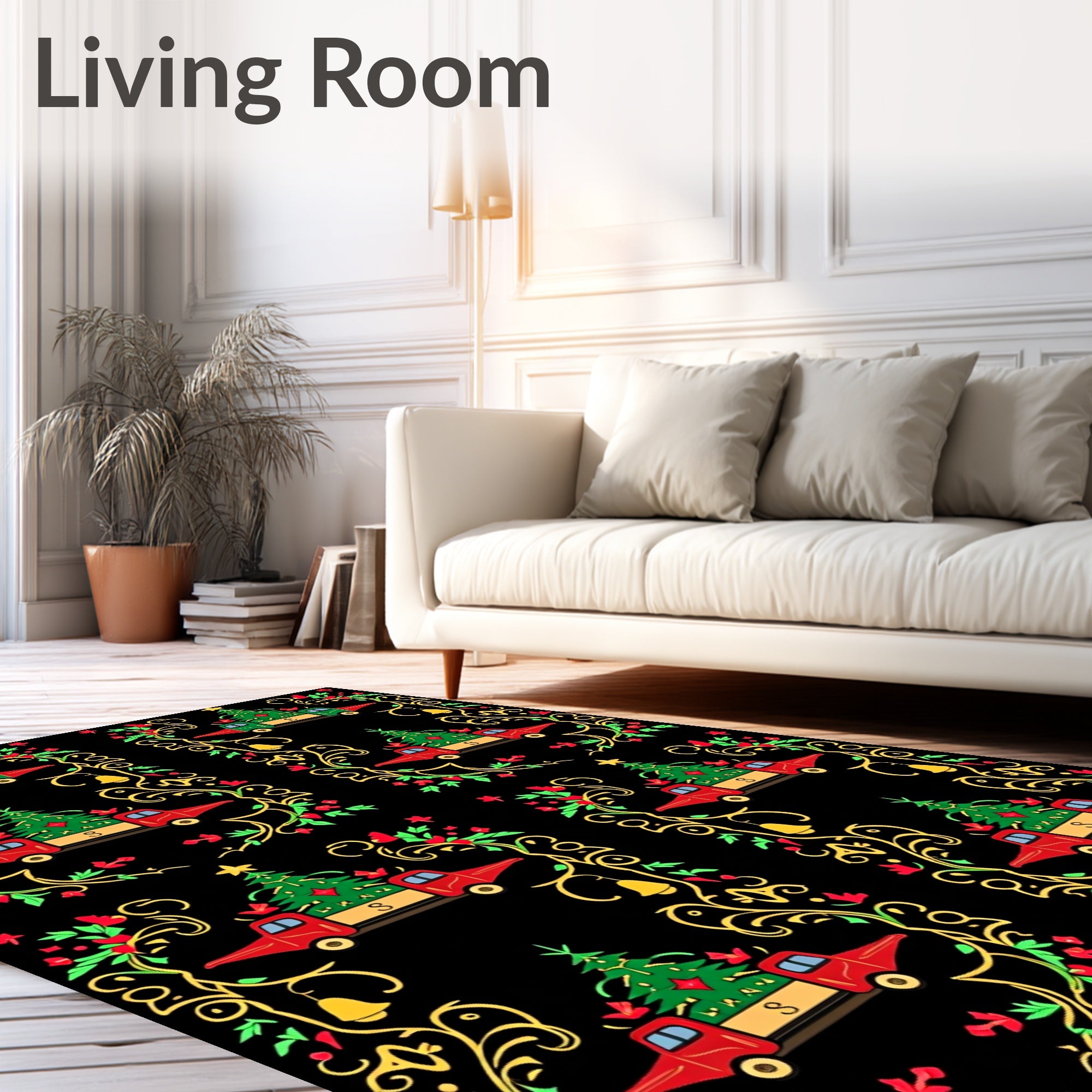 Festive Red Trucks Christmas Tree Border Rug