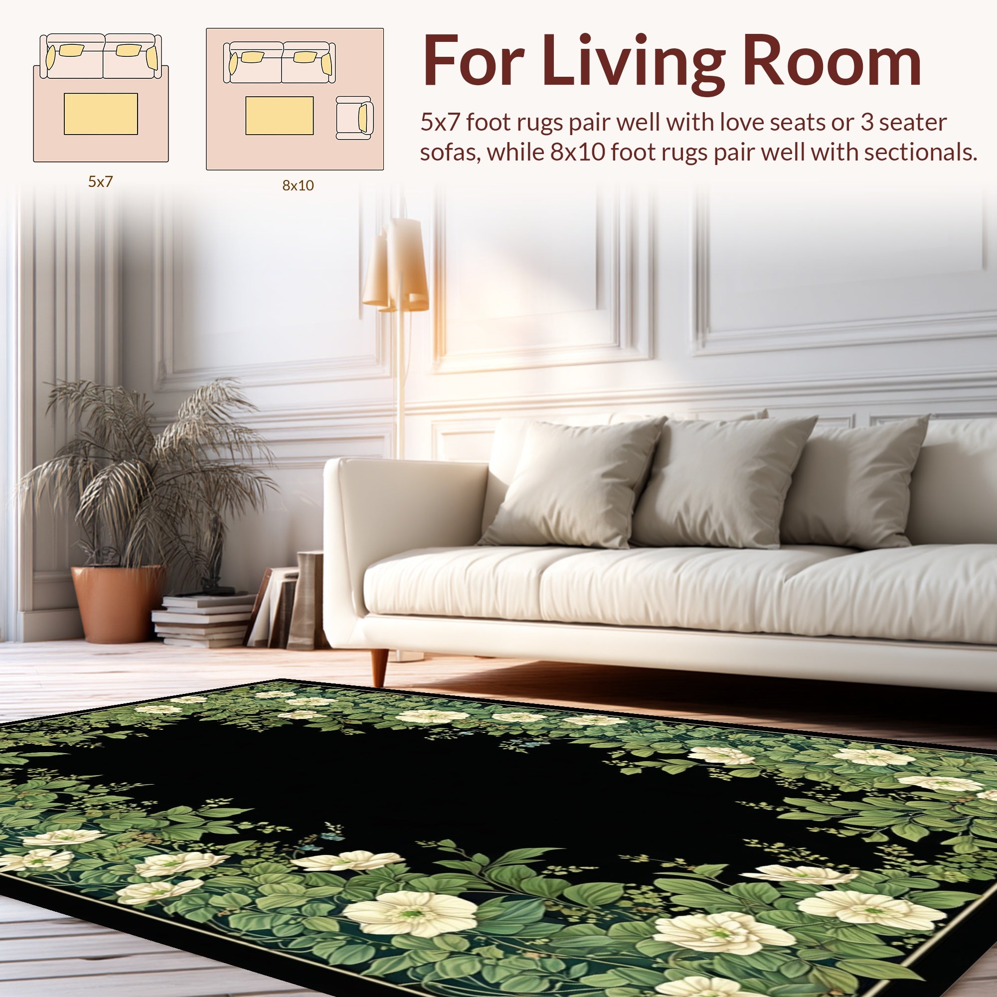 Elegant White Floral Vine Border Rug