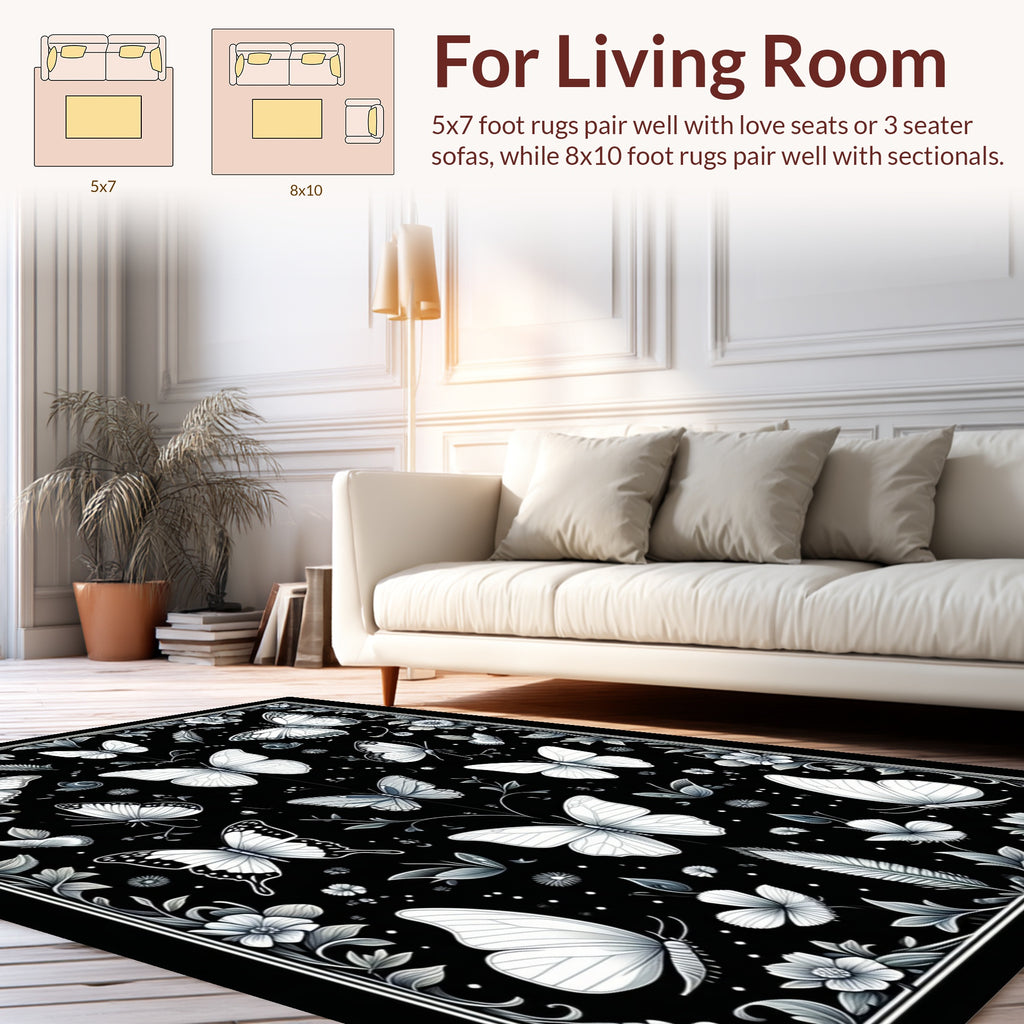 Monochromatic Butterfly Floral Design Rug