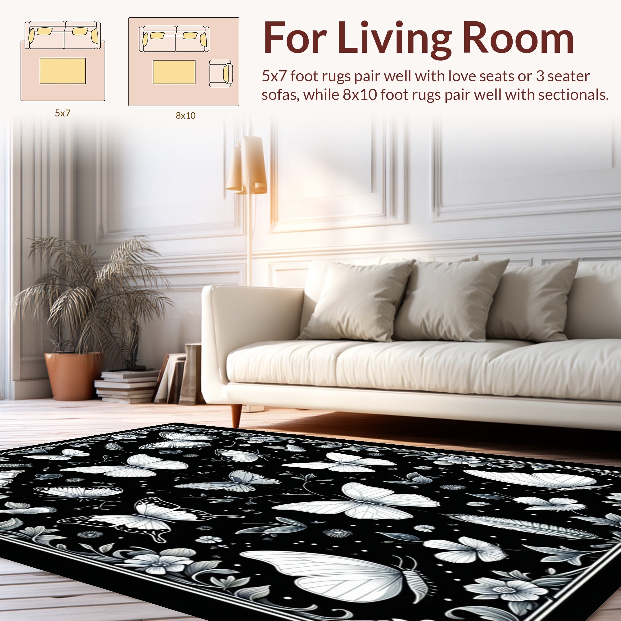 Monochromatic Butterfly Floral Design Rug