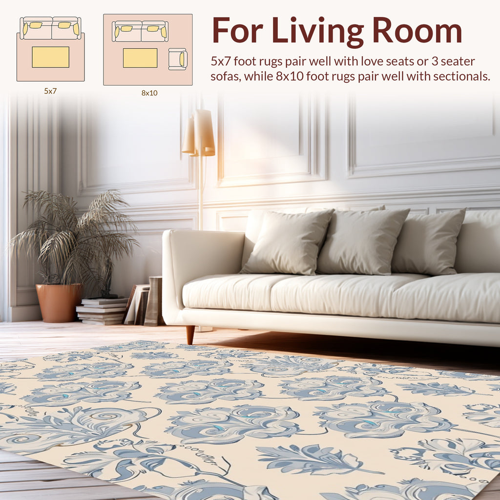 Pale Blue Cream Damask Floral Pattern Rug