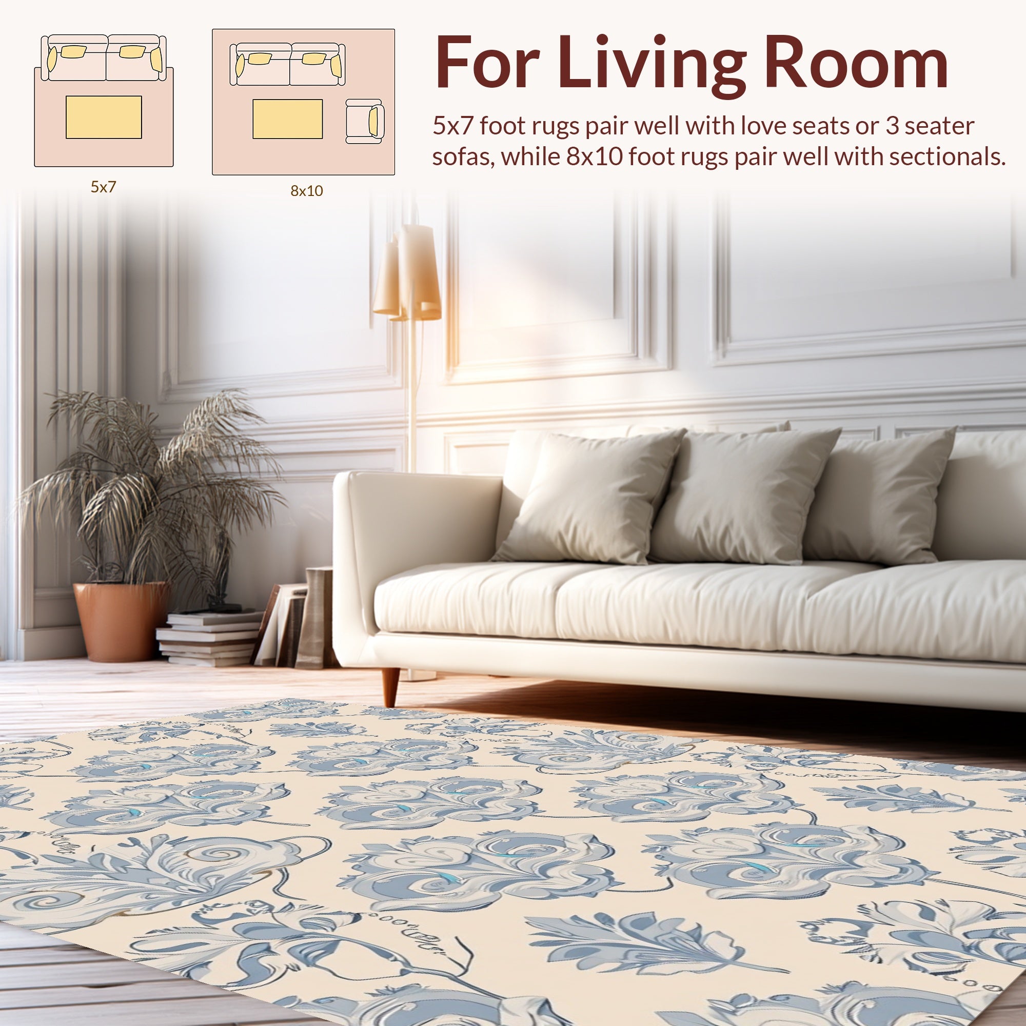 Pale Blue Cream Damask Floral Pattern Rug