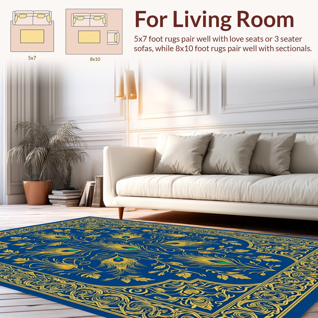 Regal Peacock Feathers Blue Yellow Rug