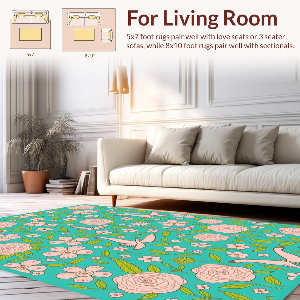 Pink Birds Flowers Aquatic Pattern Rug