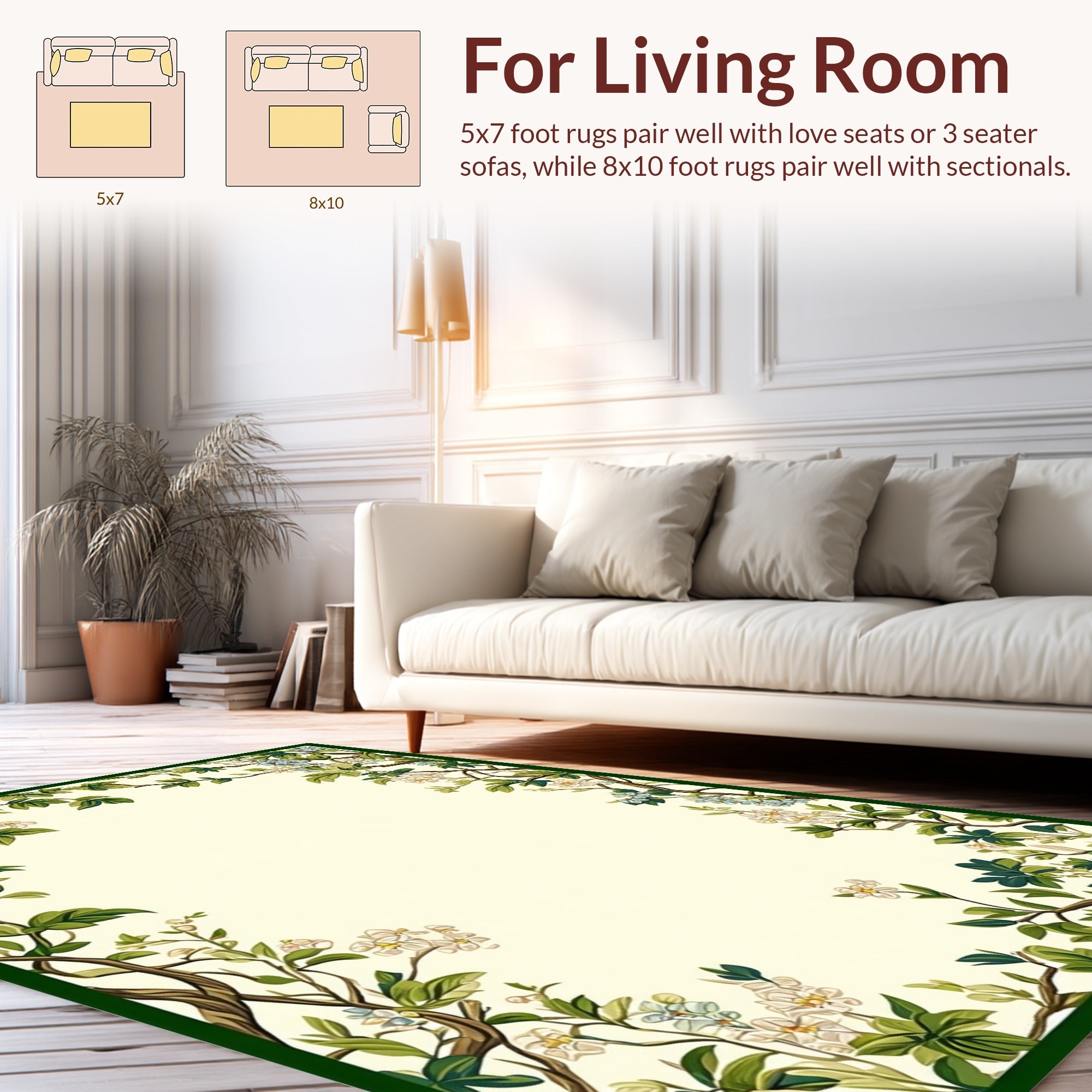 Vine Floral Patterned Beige Rug