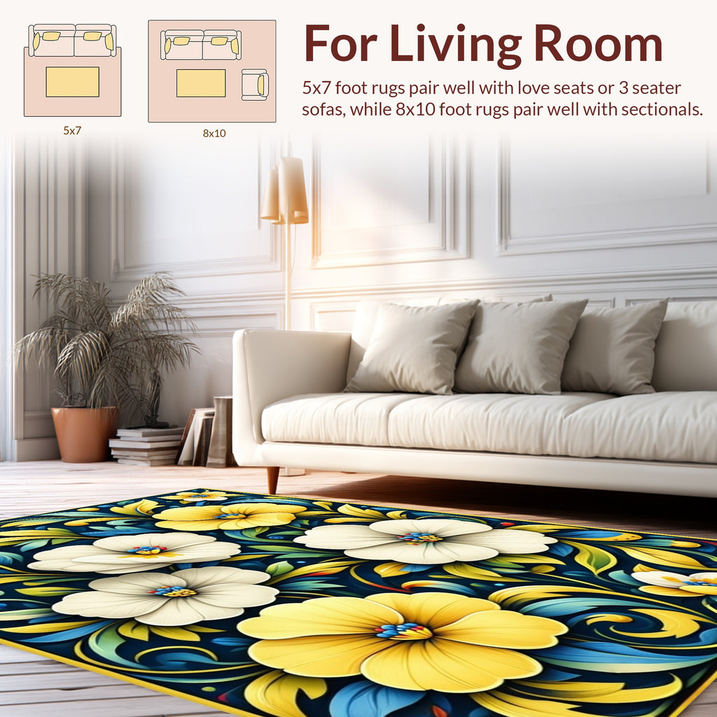 Bold Floral Design with Yellow and White Blooms Rug