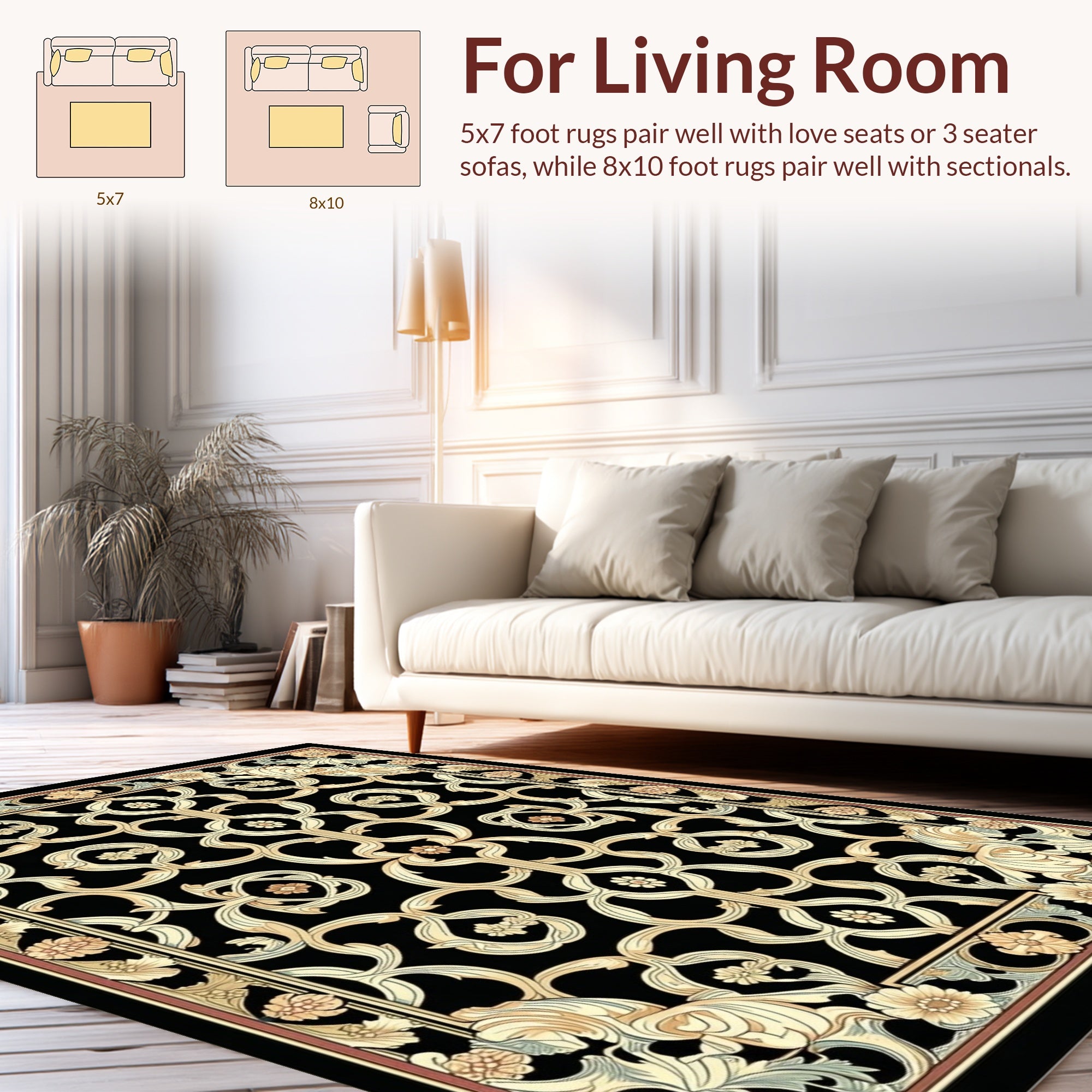 Ornate Flowing Golden Swirl Pattern Rug