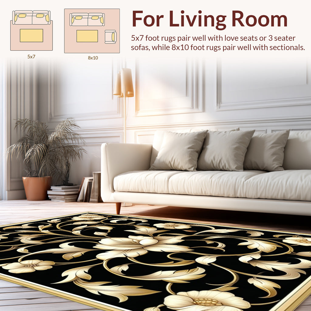 Ornate Black Gold Floral Design Rug
