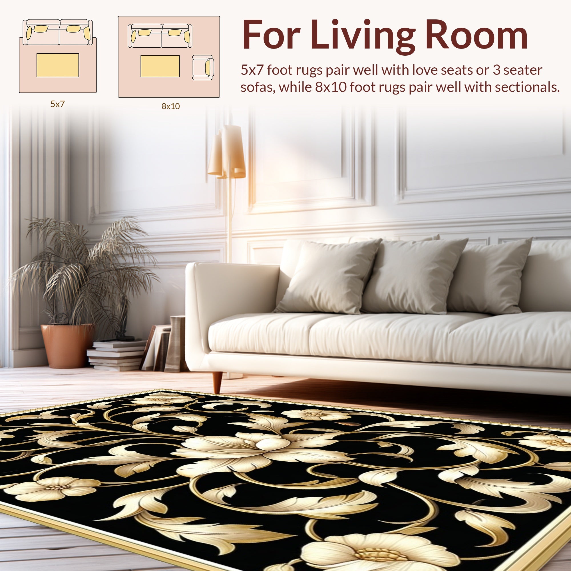 Ornate Black Gold Floral Design Rug