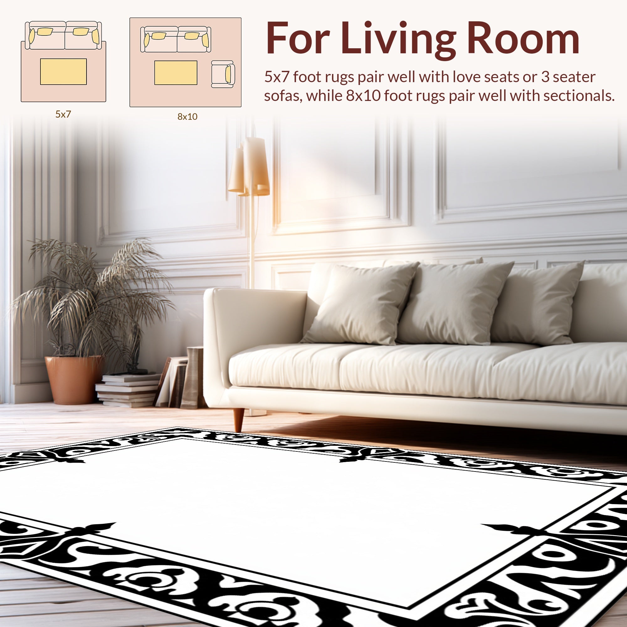 Ornate Black White Classic Border Design Rug