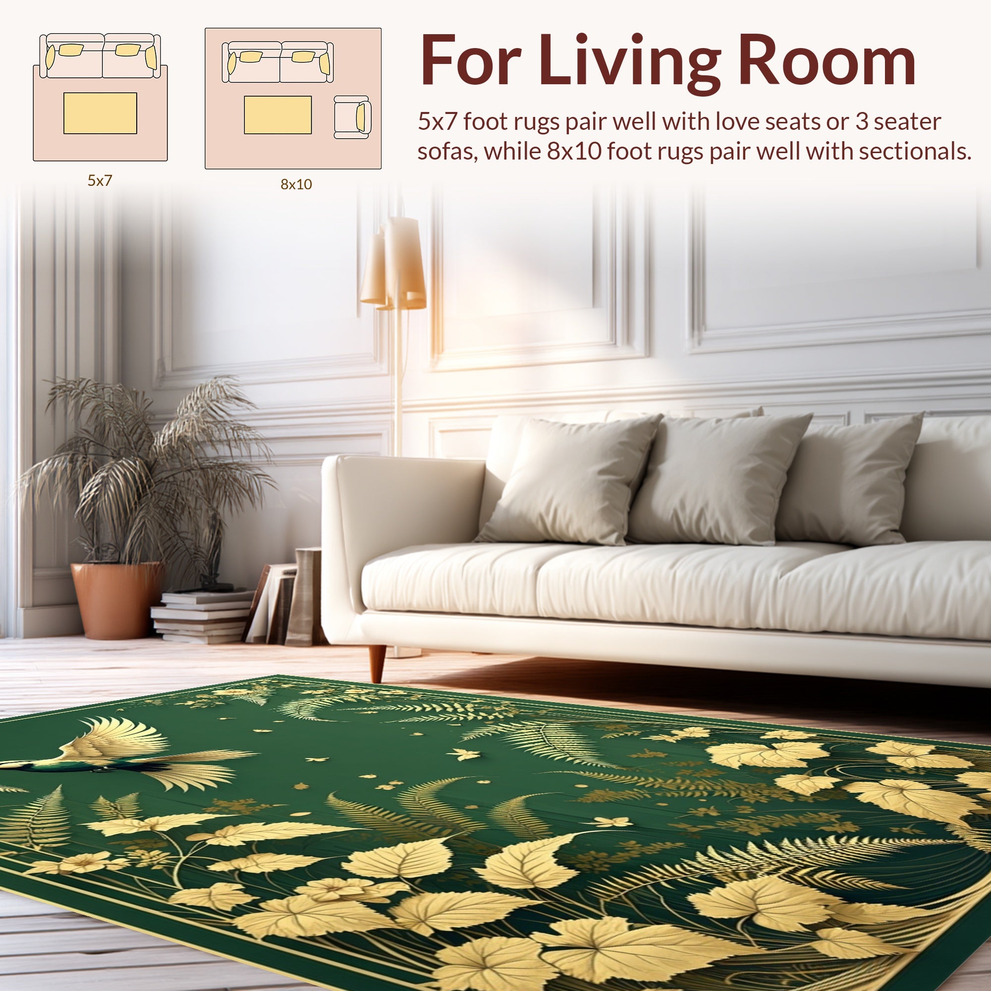 Gold Ferns and Bird Nature Pattern Rug