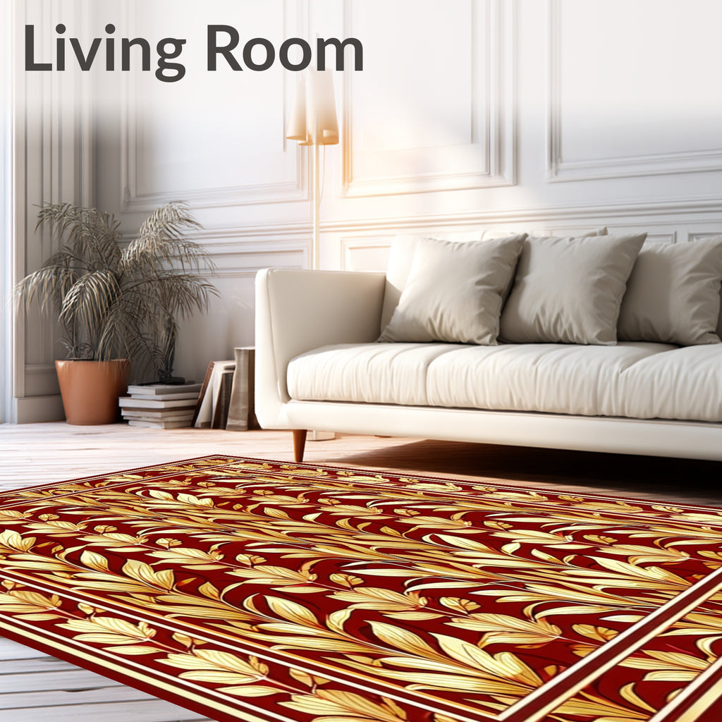 Regal Red Golden Leaf Pattern Rug
