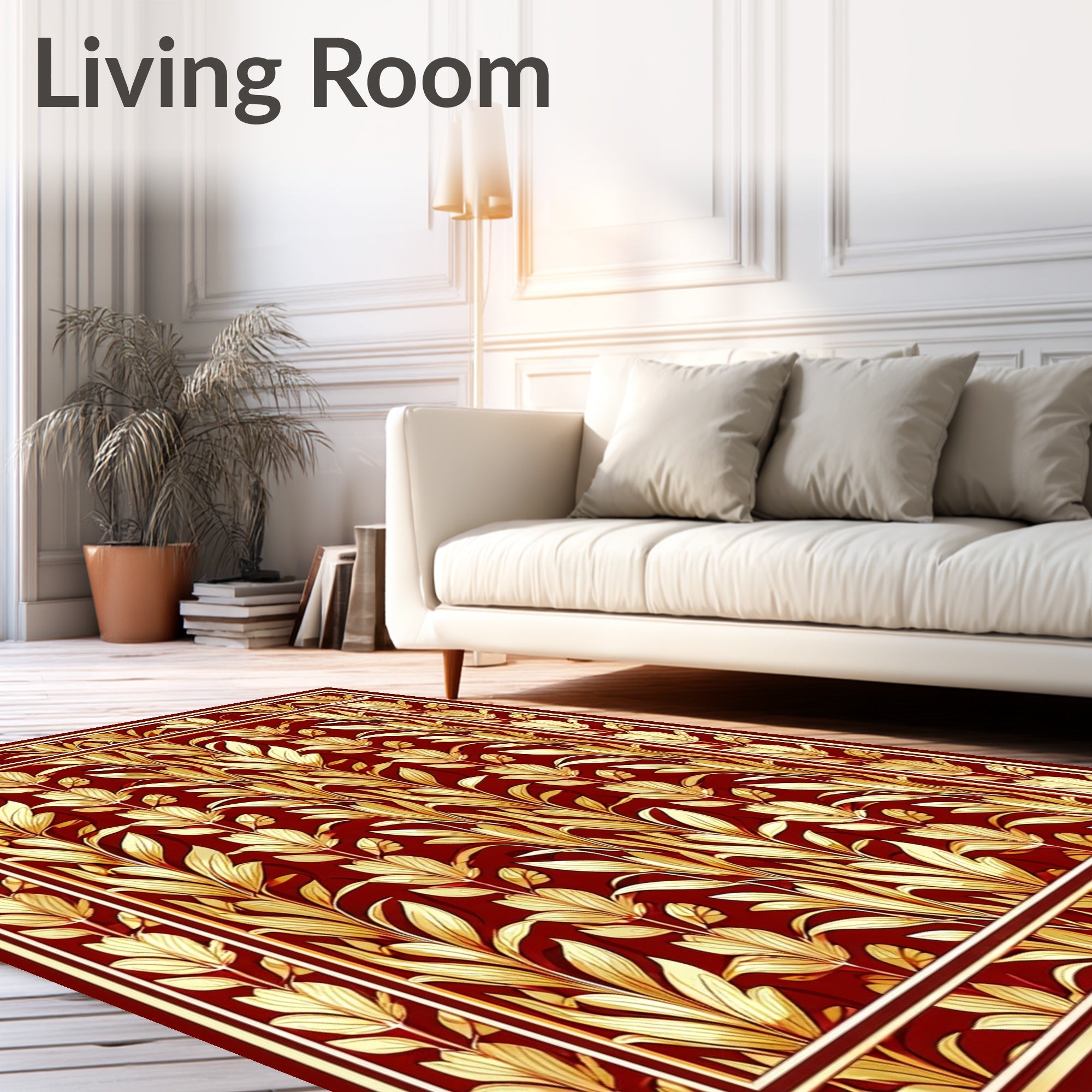 Regal Red Golden Leaf Pattern Rug