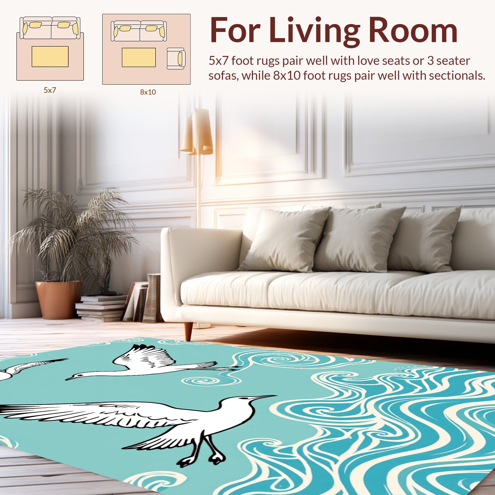 Seagulls with Ocean Waves Pattern Rug