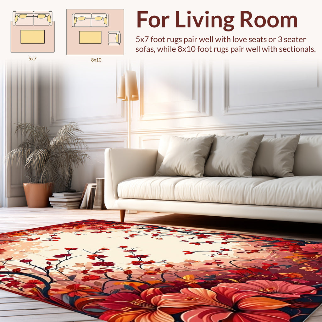 Vibrant Red Floral Branch Design Rug