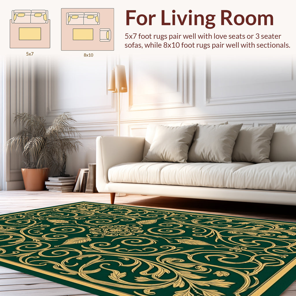 Ornate Green Gold Floral Pattern Rug