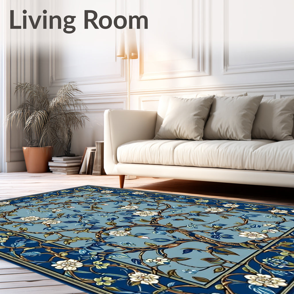 Blue Floral Tree Vine Pattern Rug