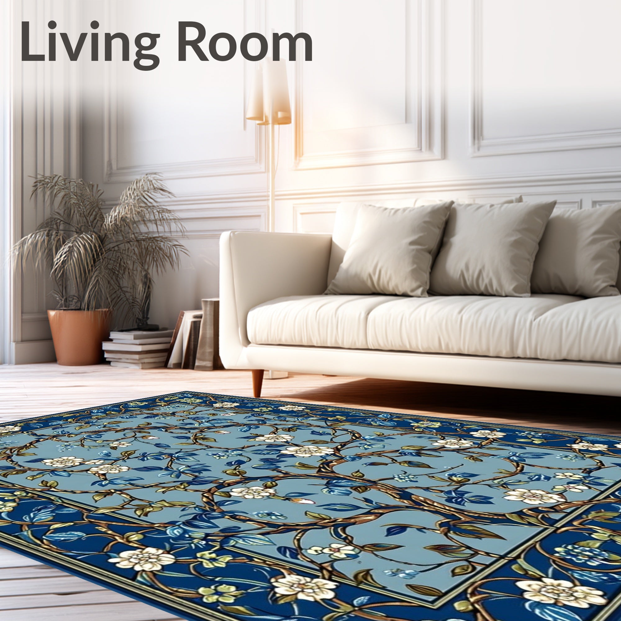 Blue Floral Tree Vine Pattern Rug
