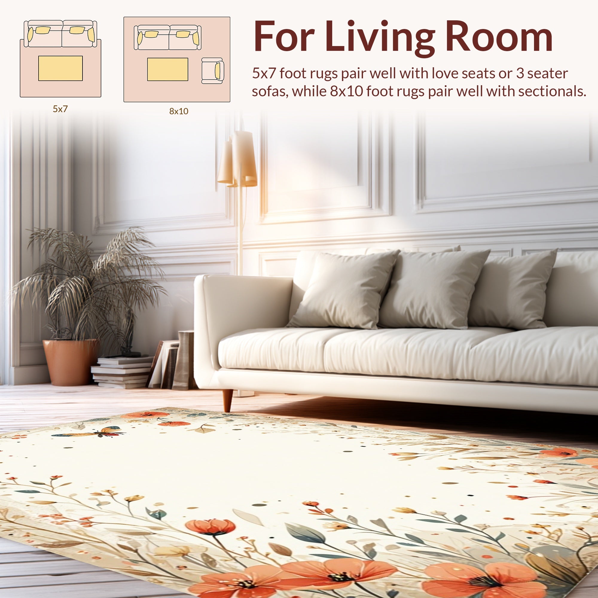 Delicate Floral Meadow Insect Pattern Rug