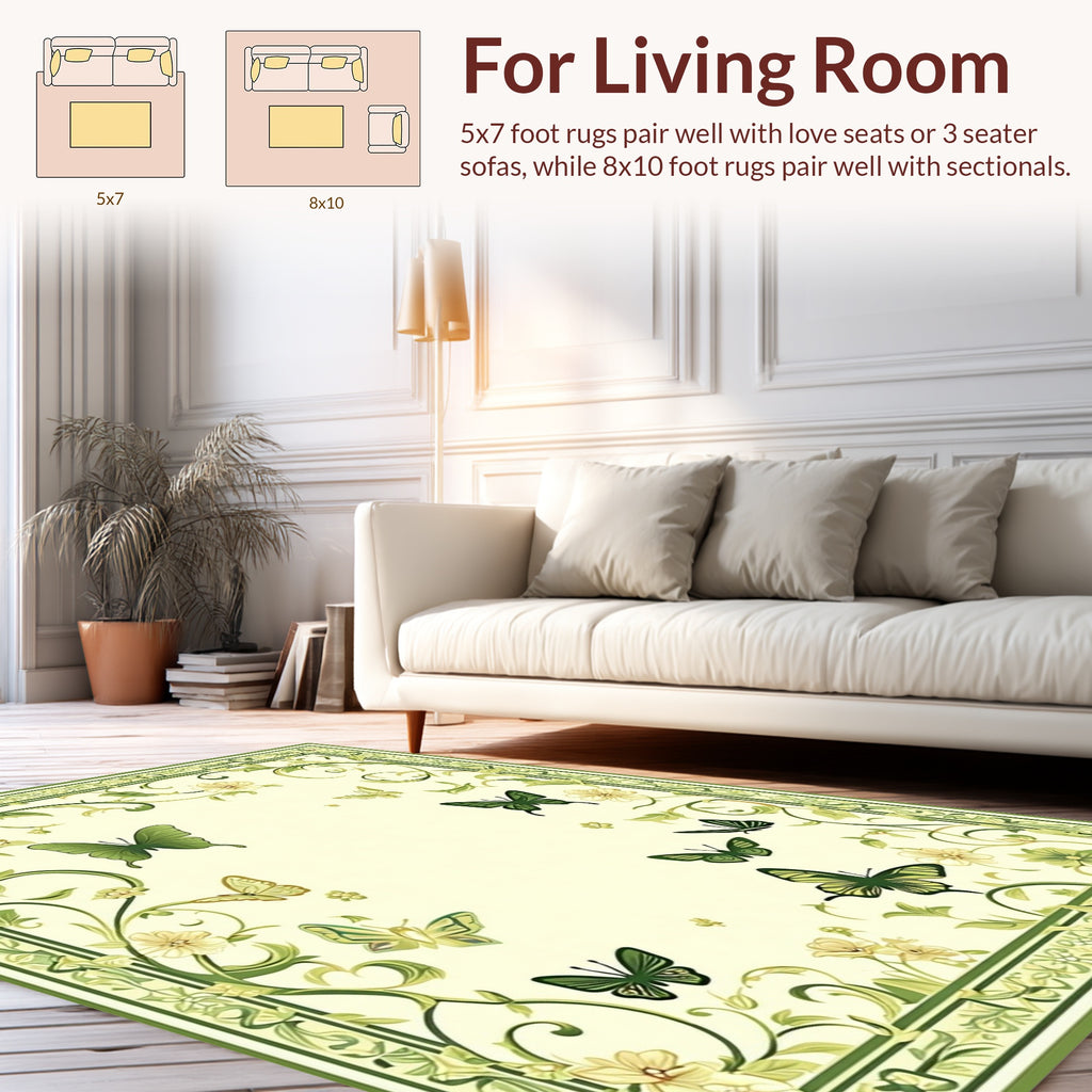 Green Butterfly Floral Scroll Pattern Rug