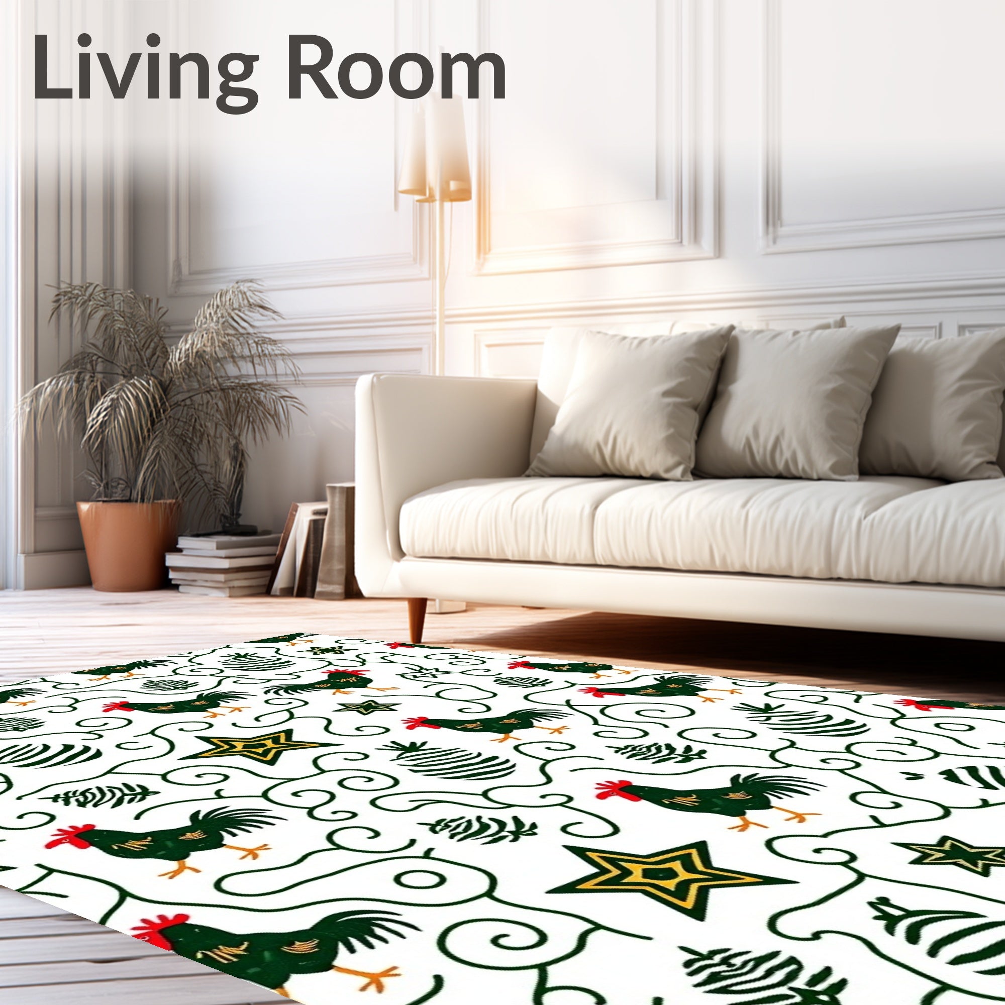 Rustic Roosters Green Swirl Star Rug
