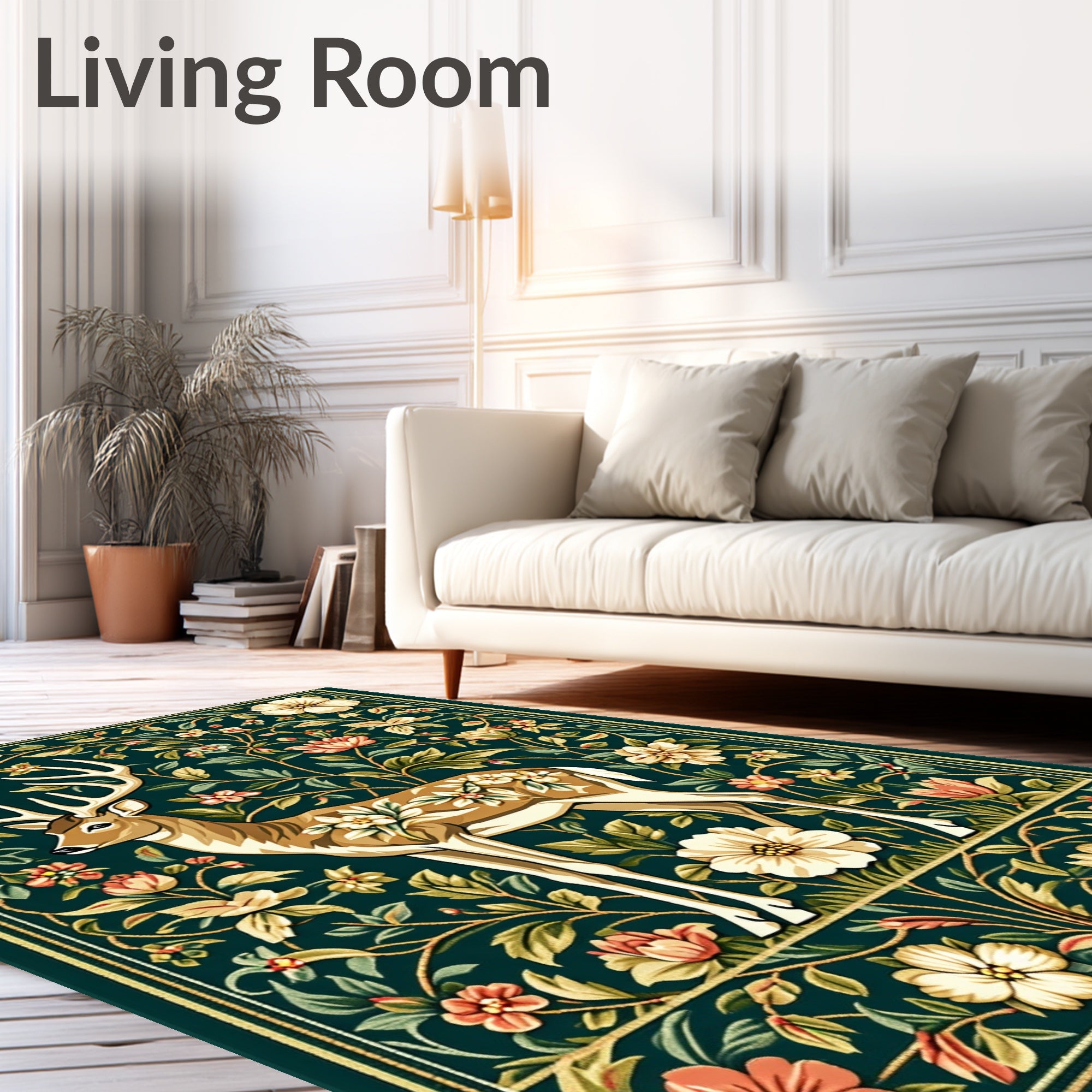 Majestic Deer Floral Meadow Pattern Rug