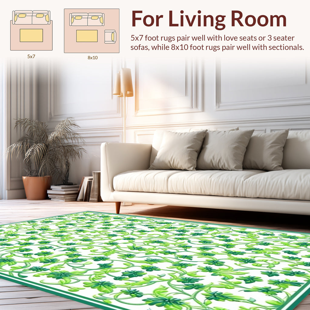 Lush Green Floral Vine Pattern Rug