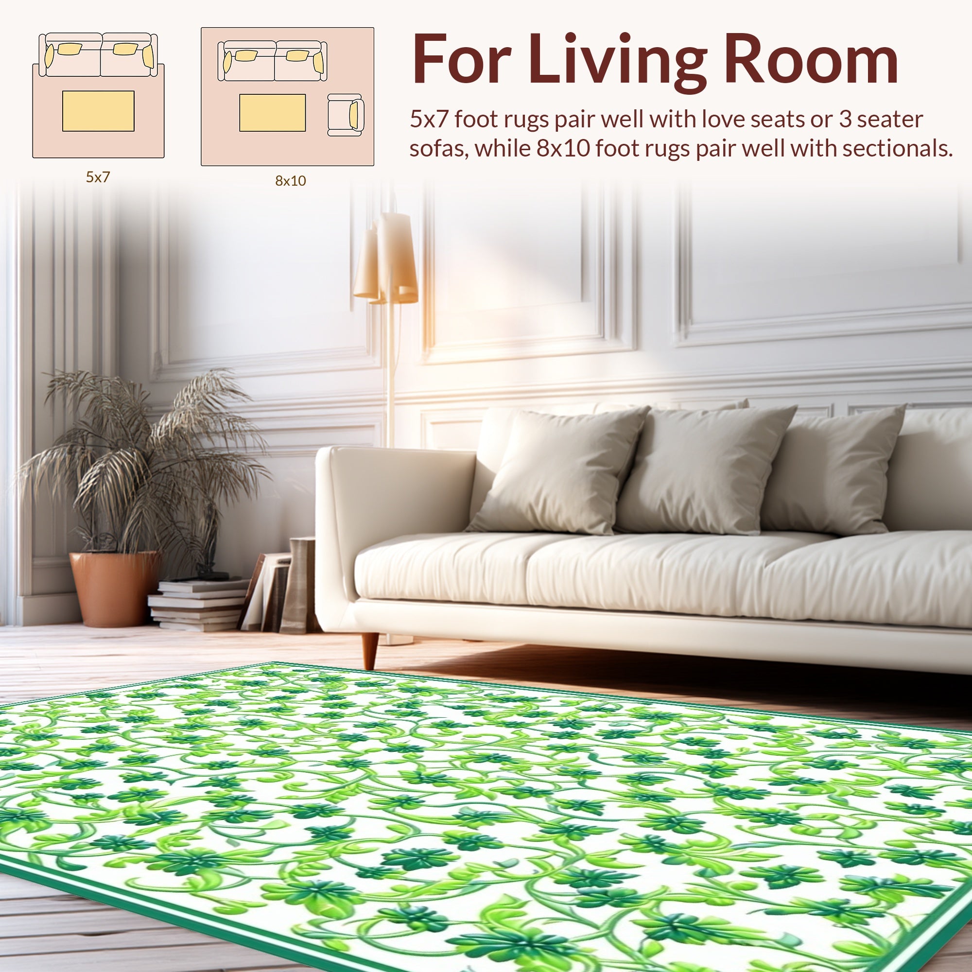 Lush Green Floral Vine Pattern Rug