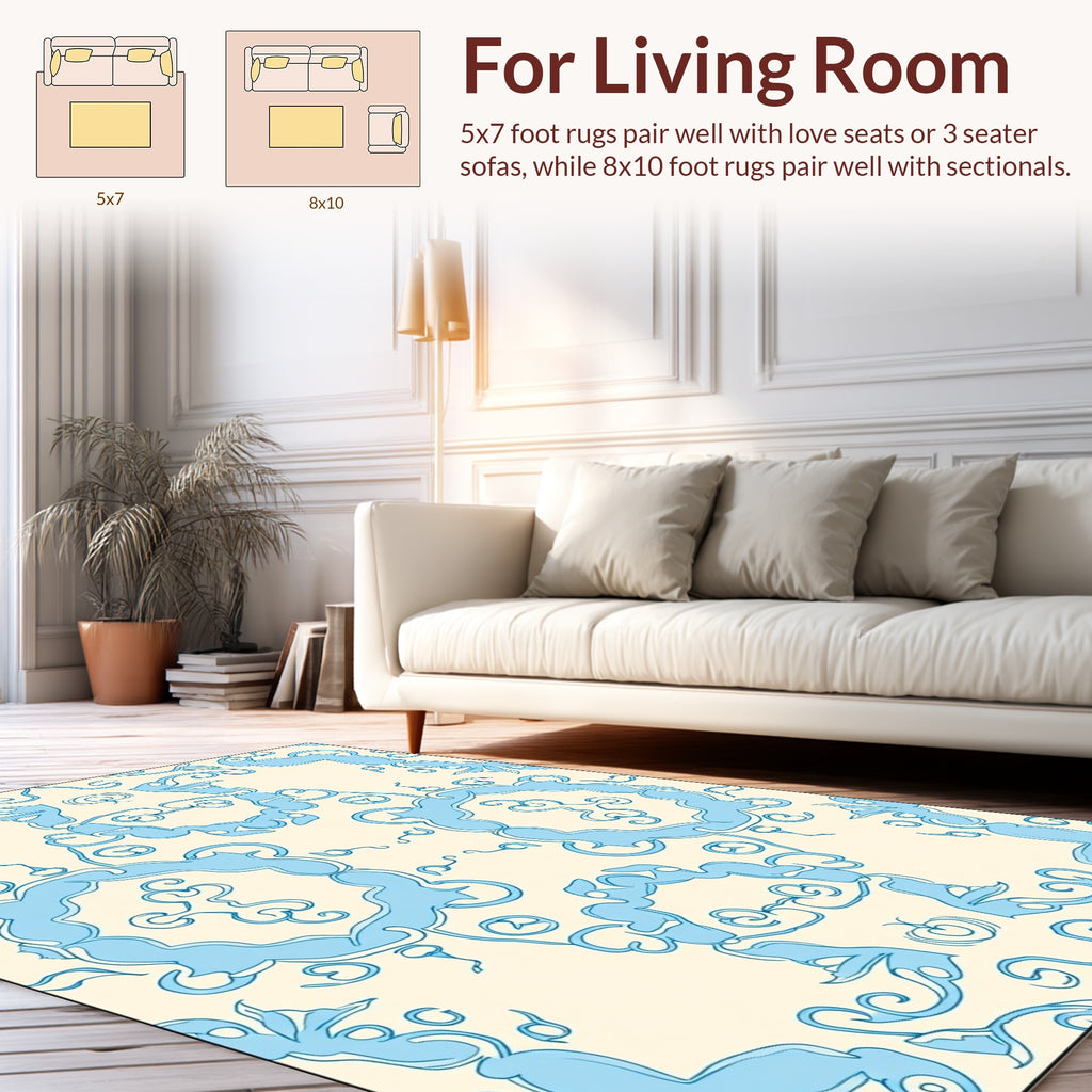 Light Blue Swirls Cream Pattern Rug