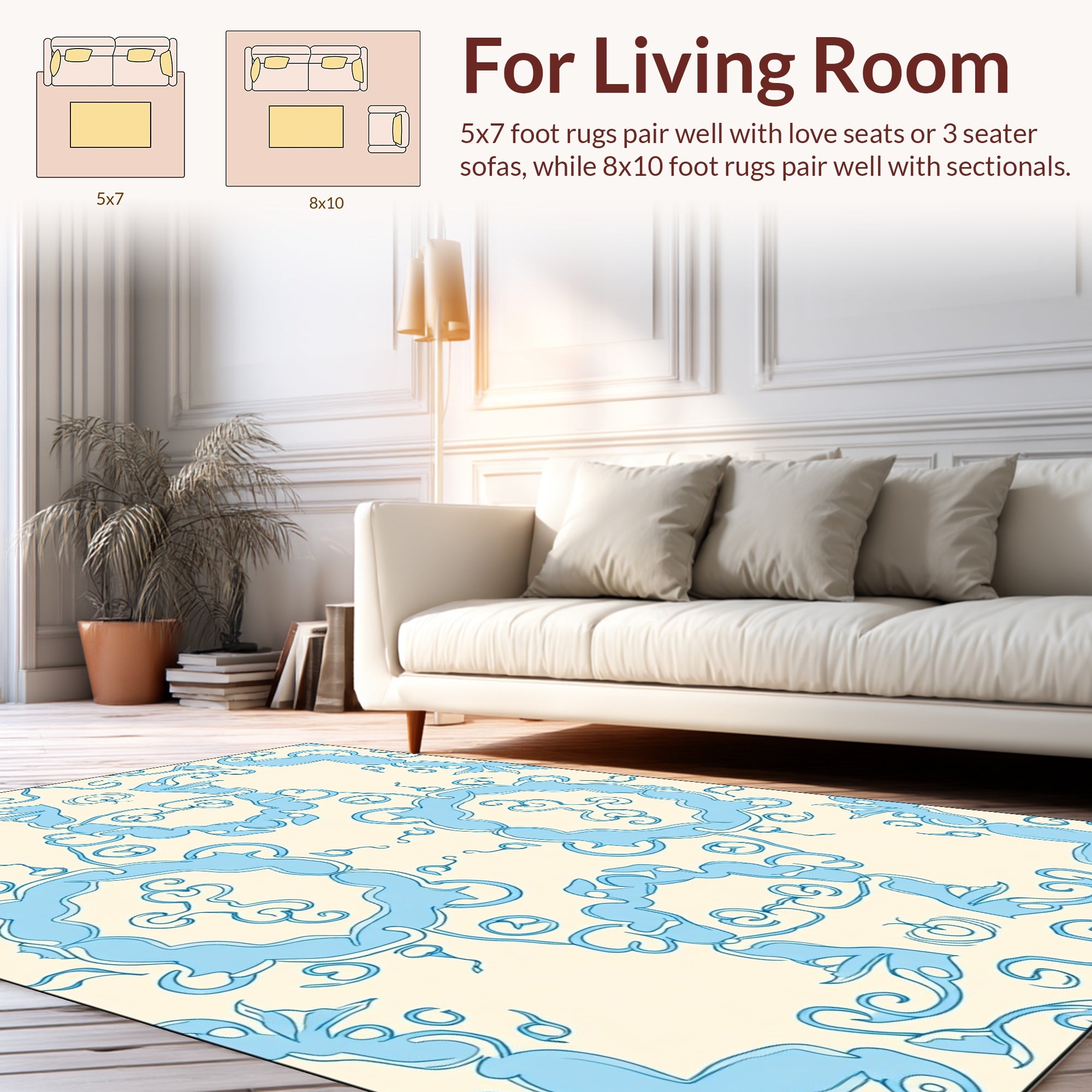 Light Blue Swirls Cream Pattern Rug