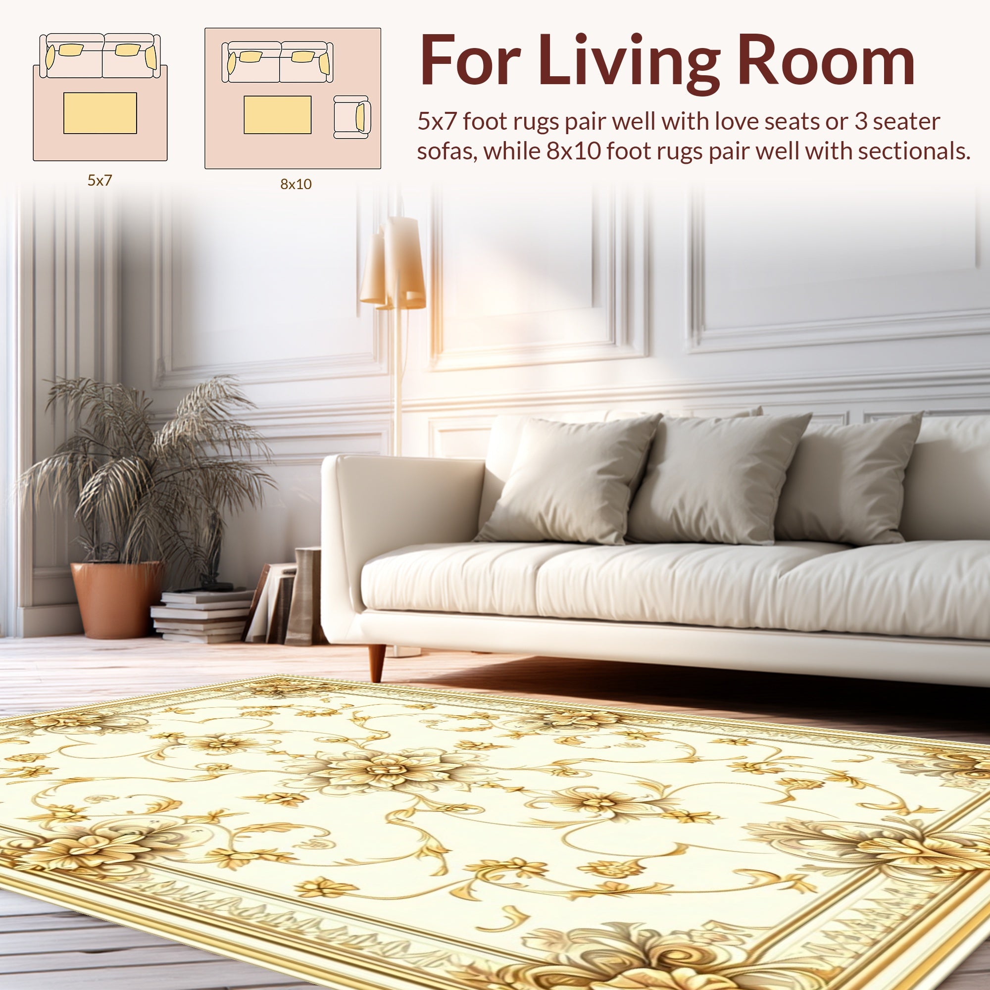 Ornate Floral Golden Cream Patterned Rug