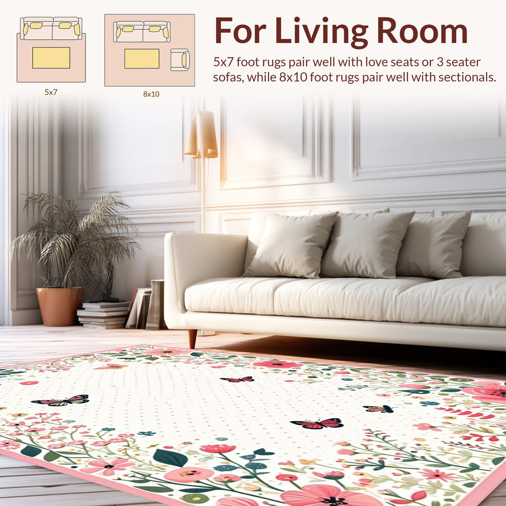 Whimsical Floral Butterfly Polka Dot Design Rug