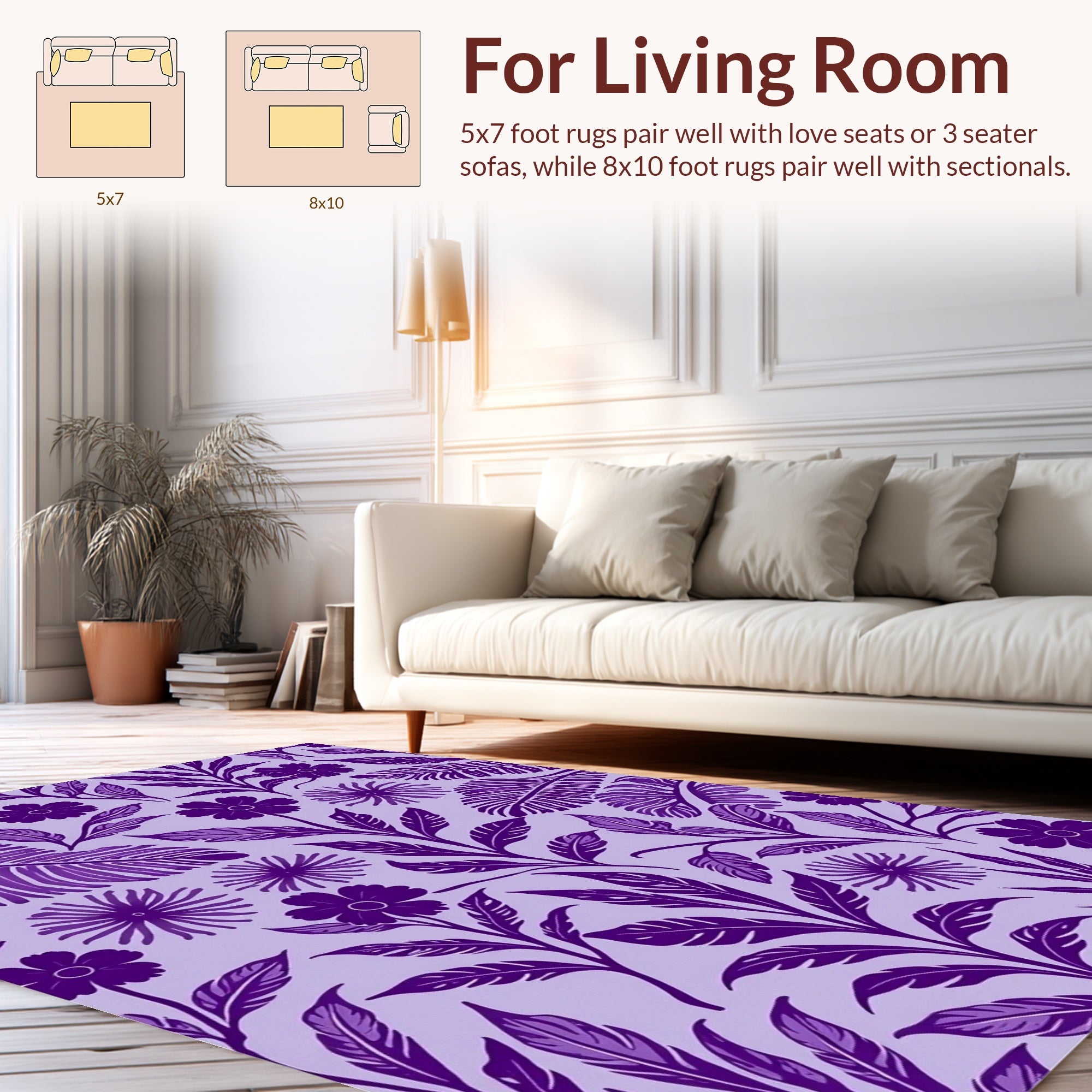 Purple Floral Leaf Pattern Rug