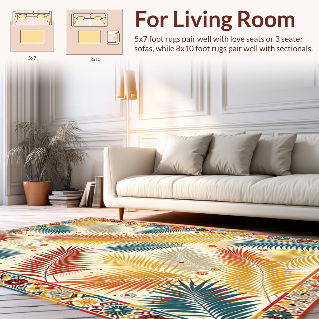 Tropical Palm Leaf Vibrant Border Design Rug