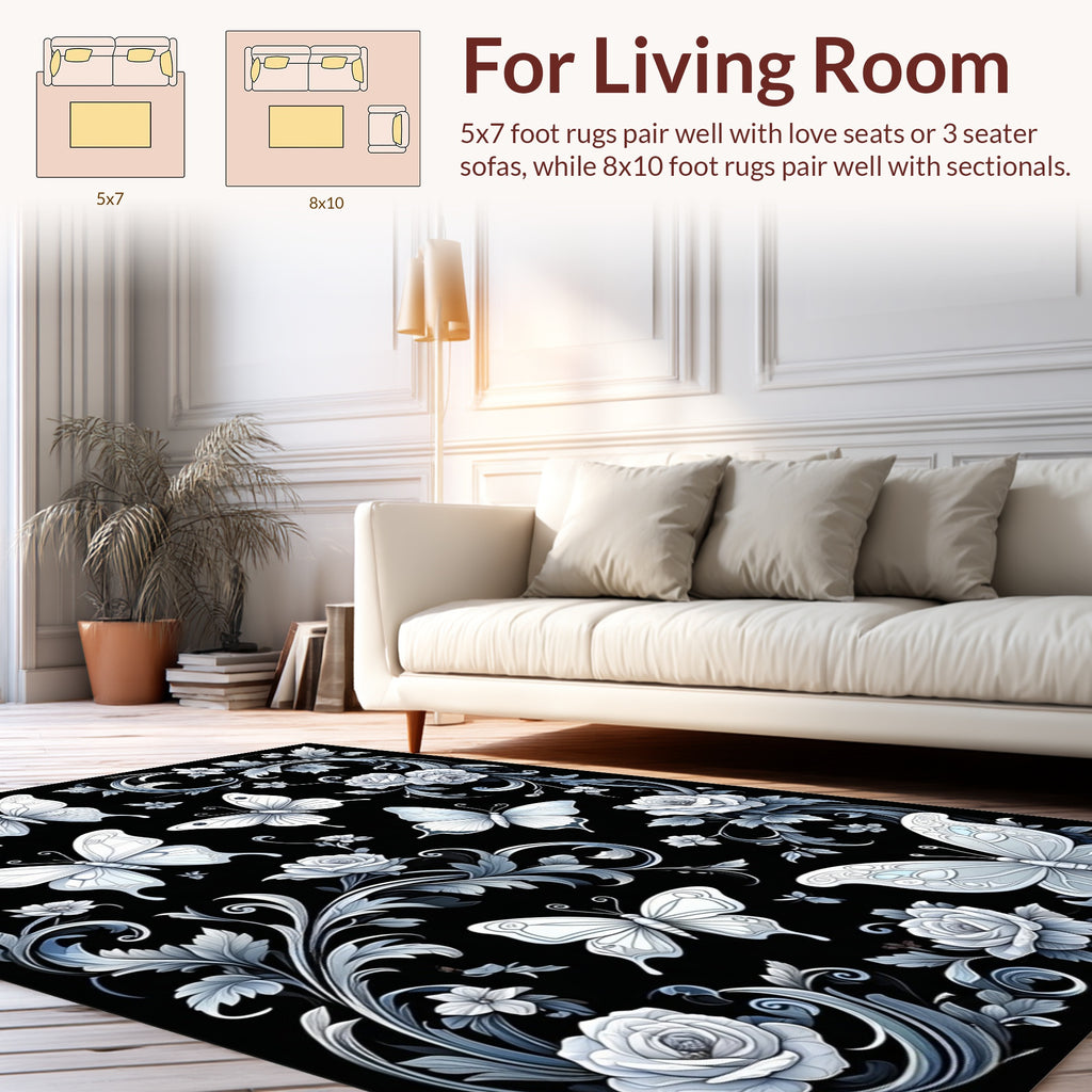 Vintage Butterfly and Rose Scroll Pattern Rug