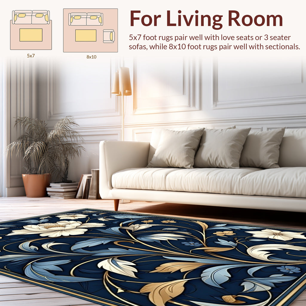 Elegant Navy Floral Scroll Pattern Rug