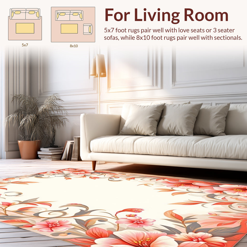 Coral Pink Floral Vine Pattern Rug