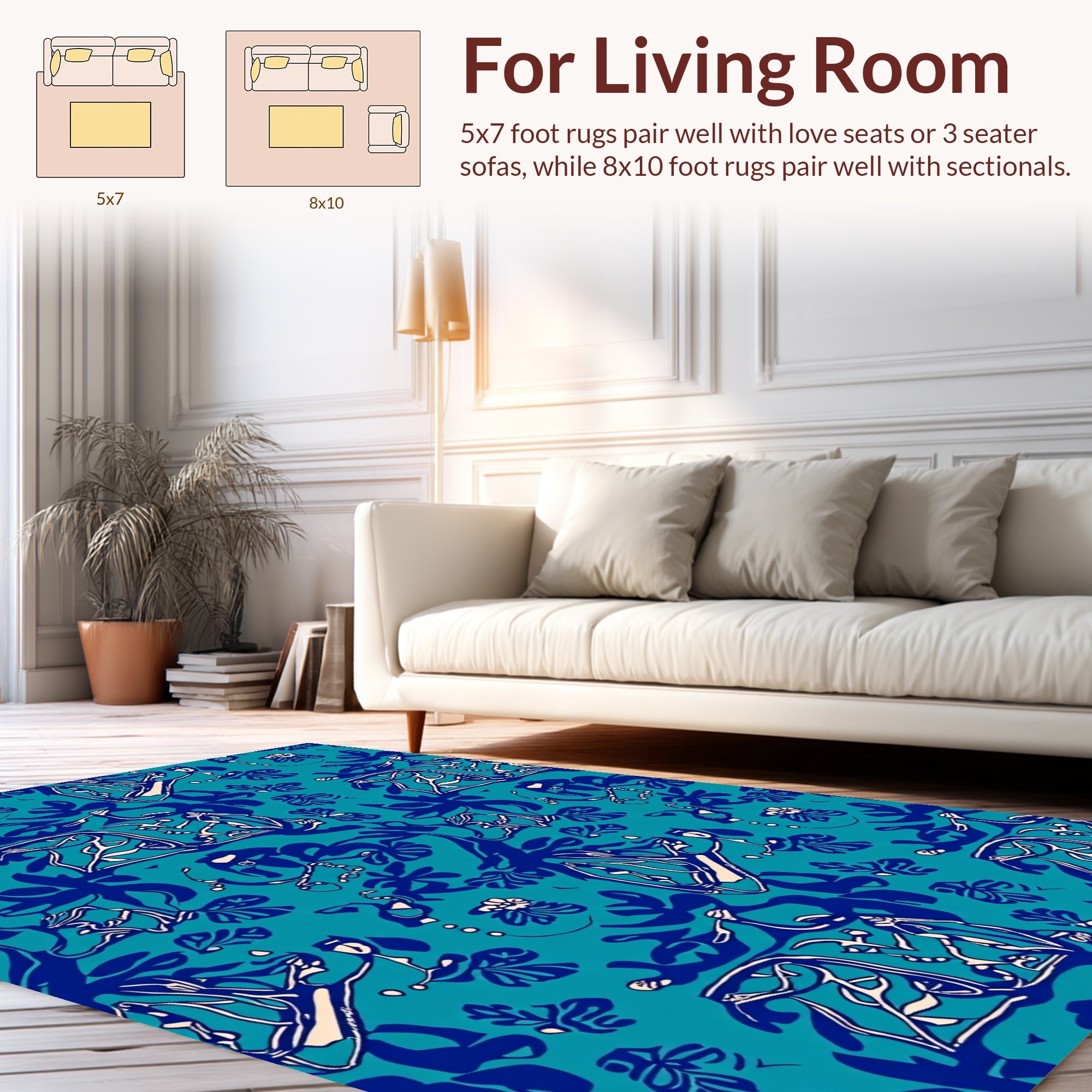 Abstract Blue Cream Floral Pattern Rug