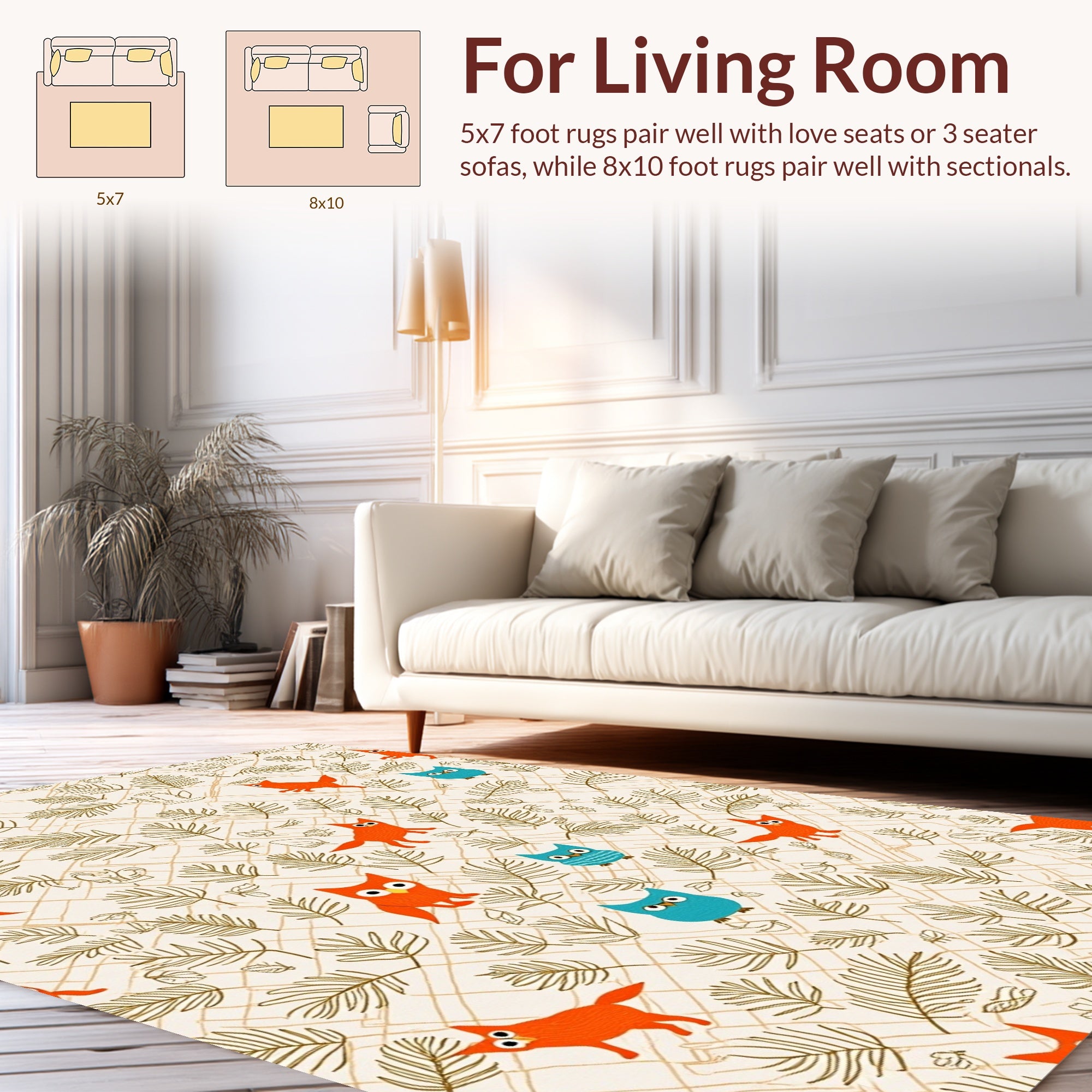 Whimsical Owls 2 Foxes Nature Pattern Rug