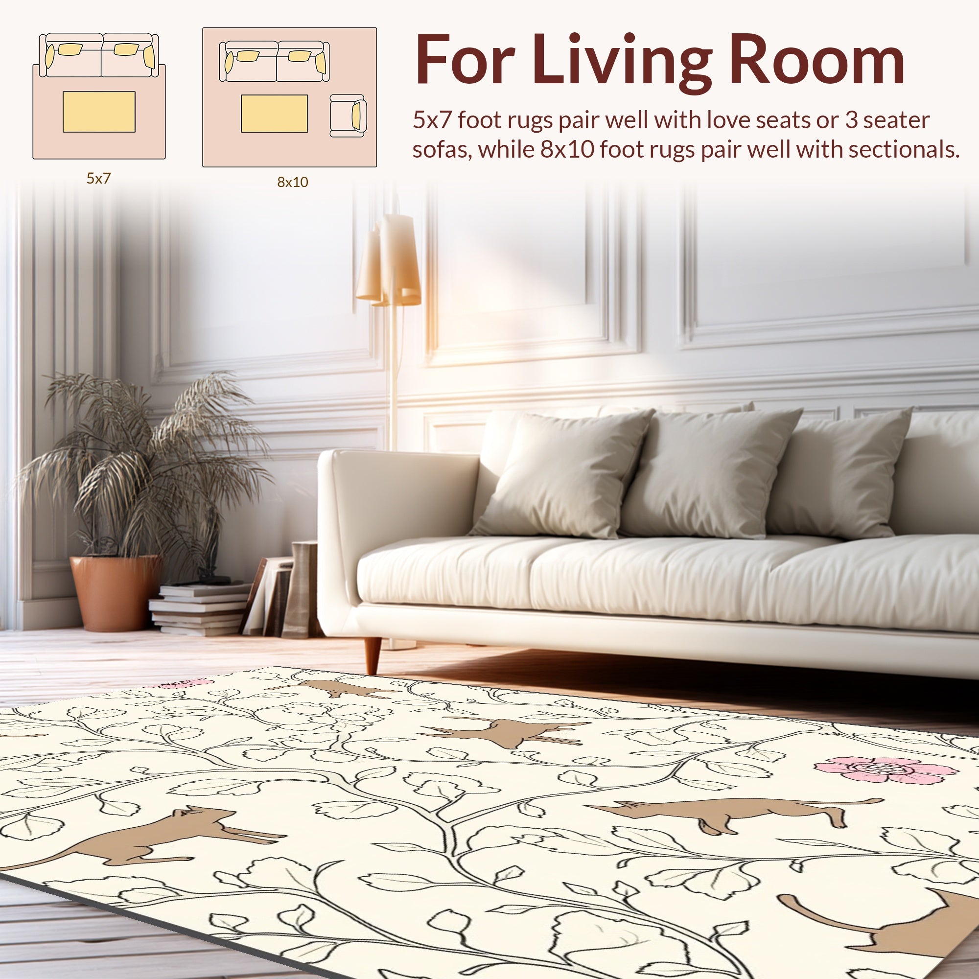 Whimsical Cats Floral Vine Pattern Rug