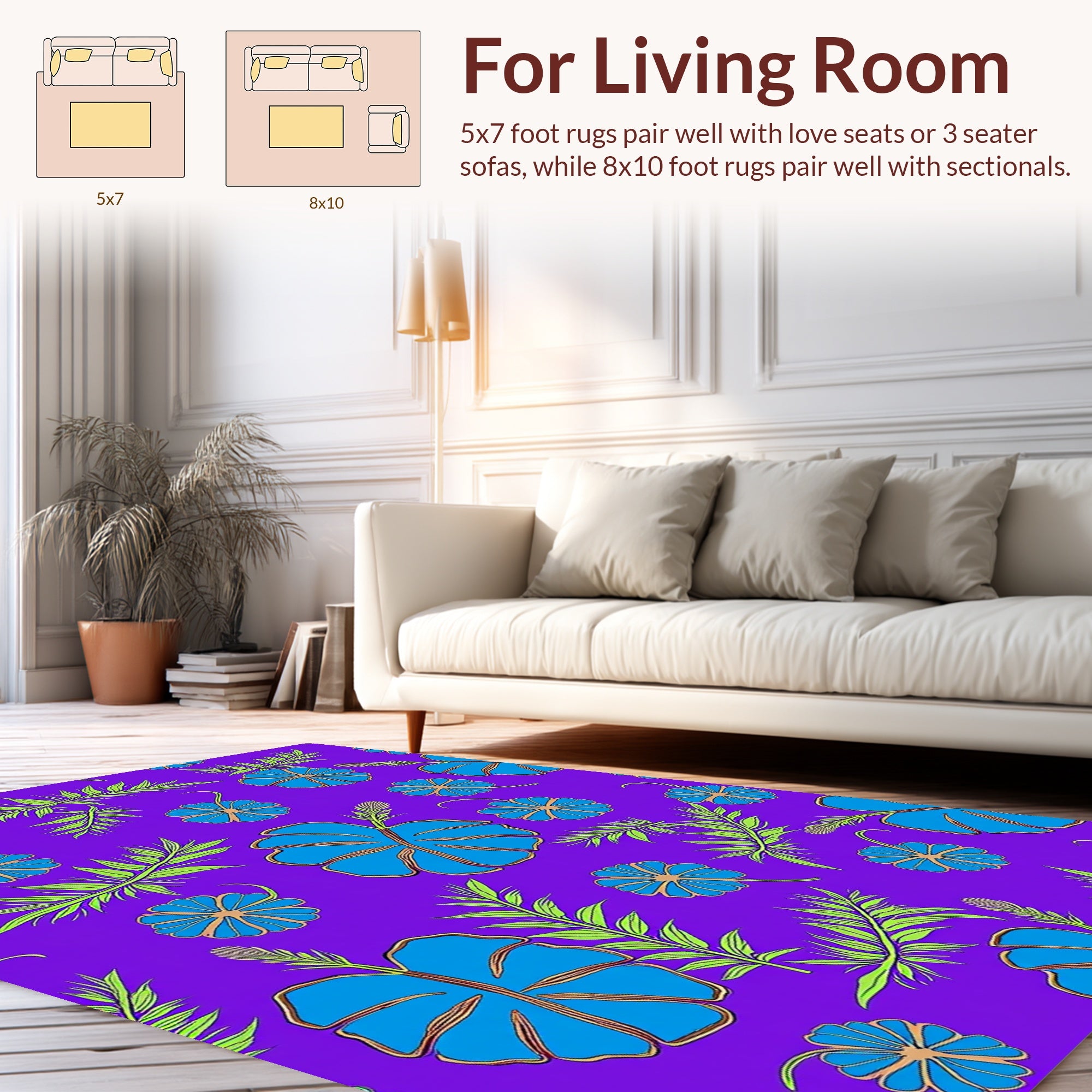 Bold Blue Floral Tropical Pattern Rug