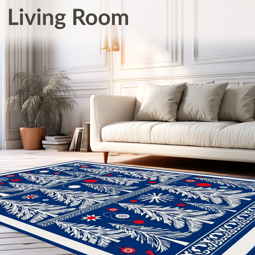Hand Drawn White Christmas Trees Navy Rug