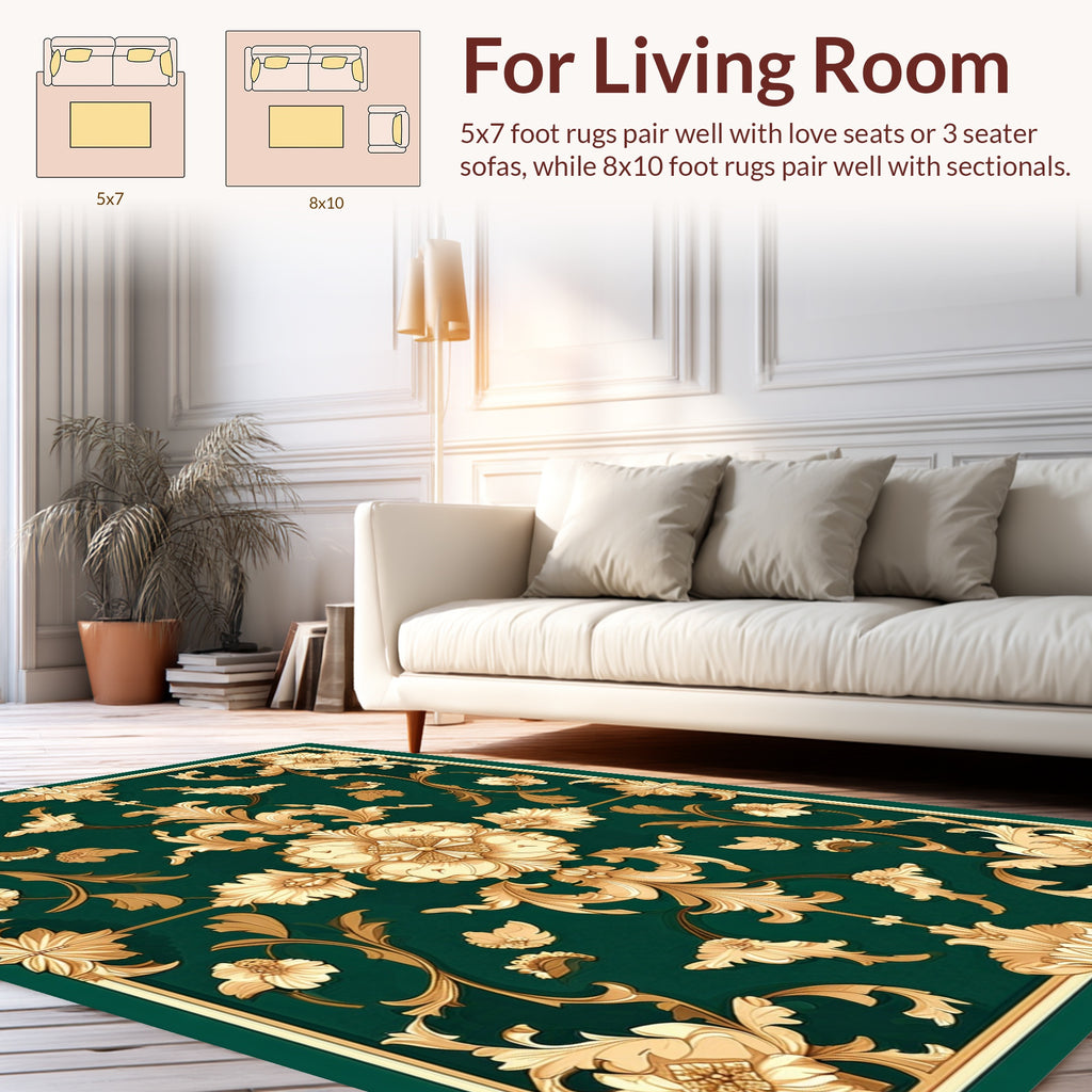 Elegant Gold Floral Emerald Tapestry Rug