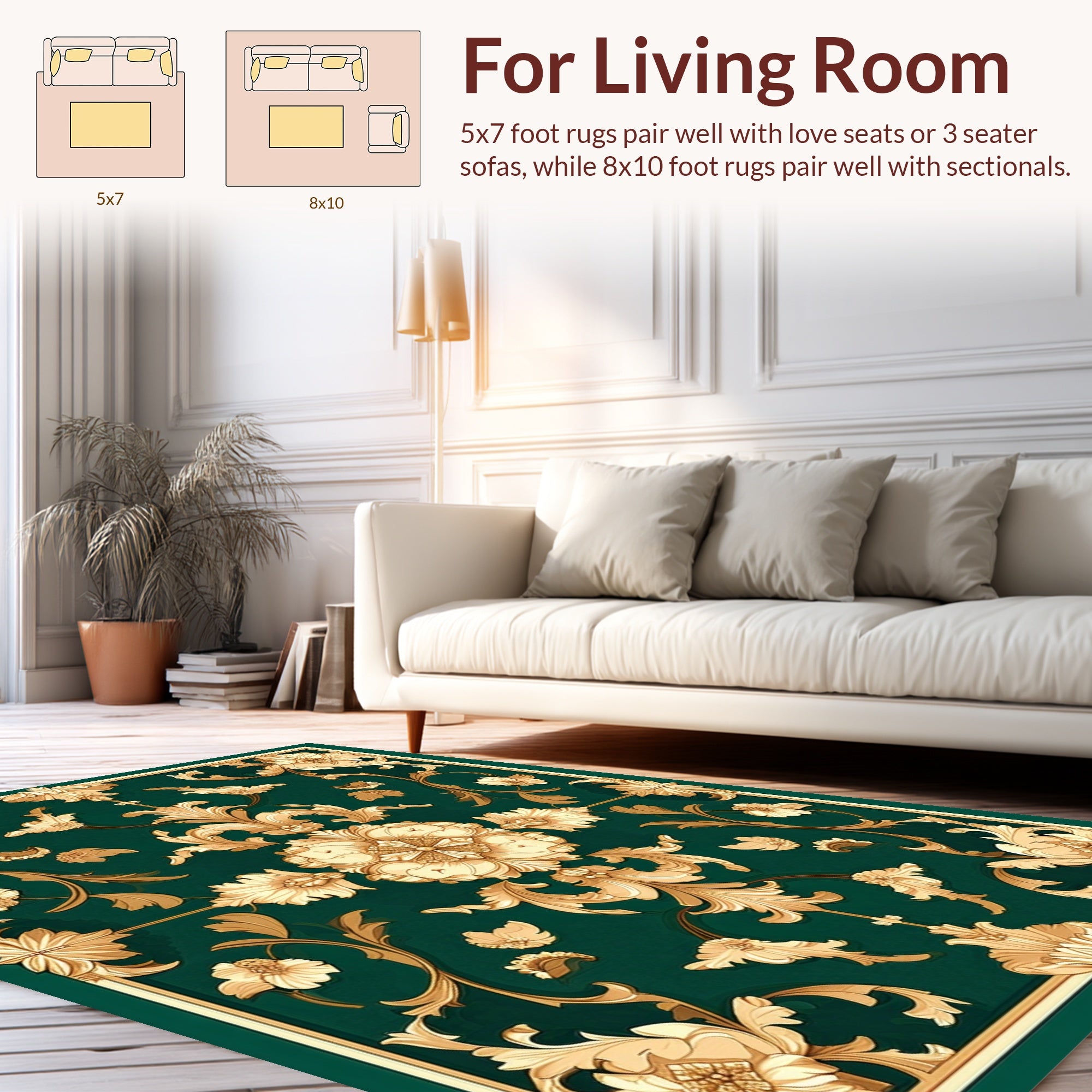 Elegant Gold Floral Emerald Tapestry Rug