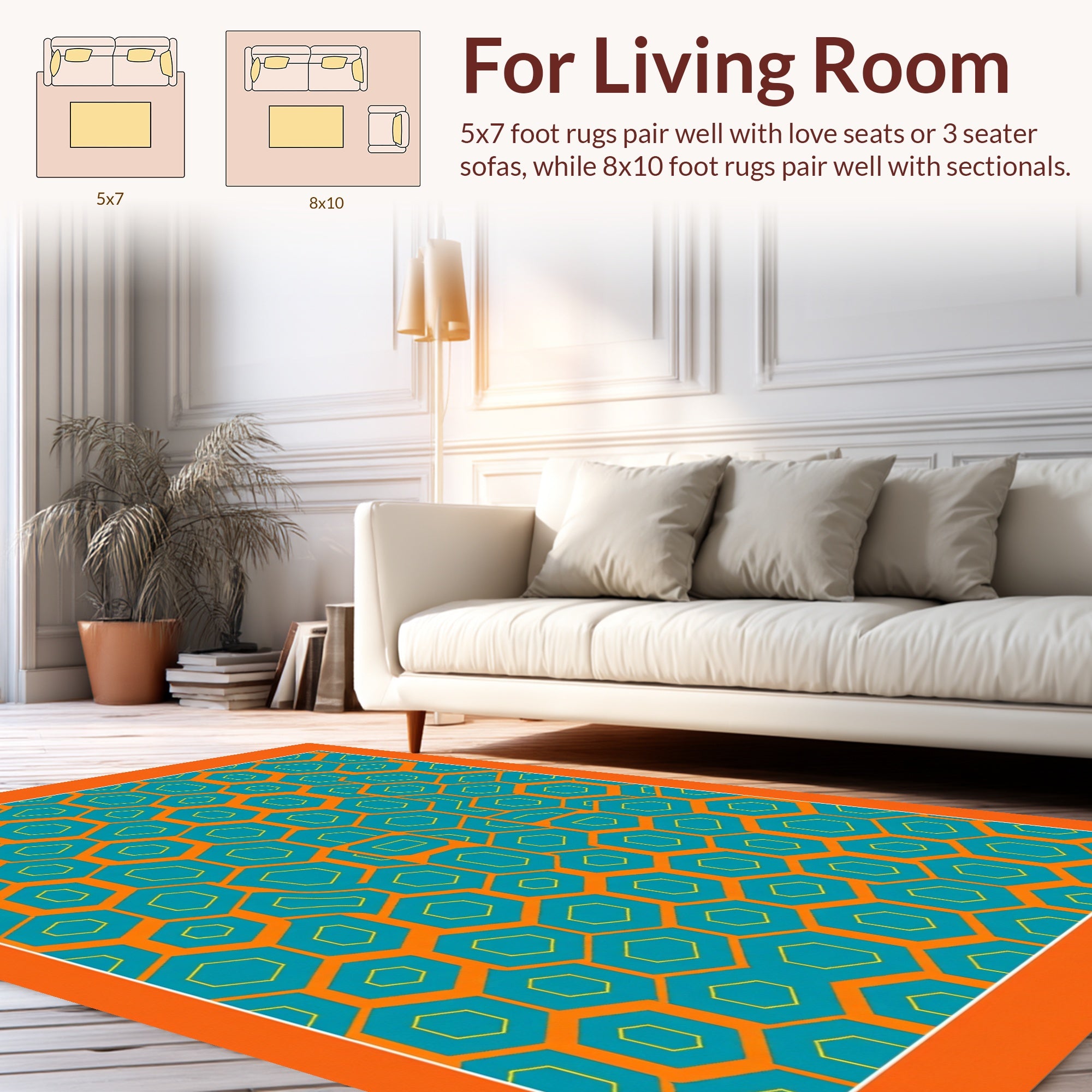 Modern Teal Orange Geometric Hexagon Pattern Rug