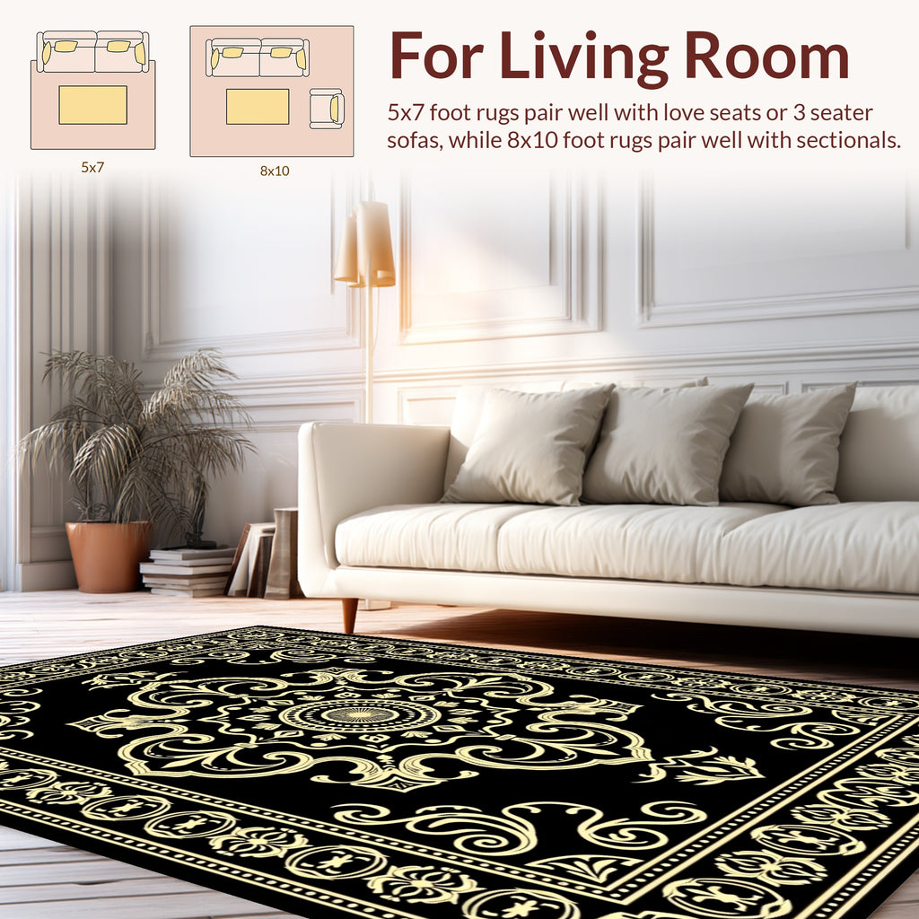 Black Gold Intricate Floral Medallion Rug
