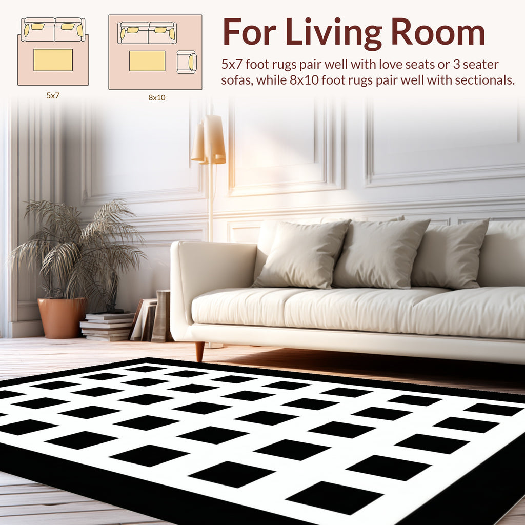 Bold Black White Grid Square Pattern Rug