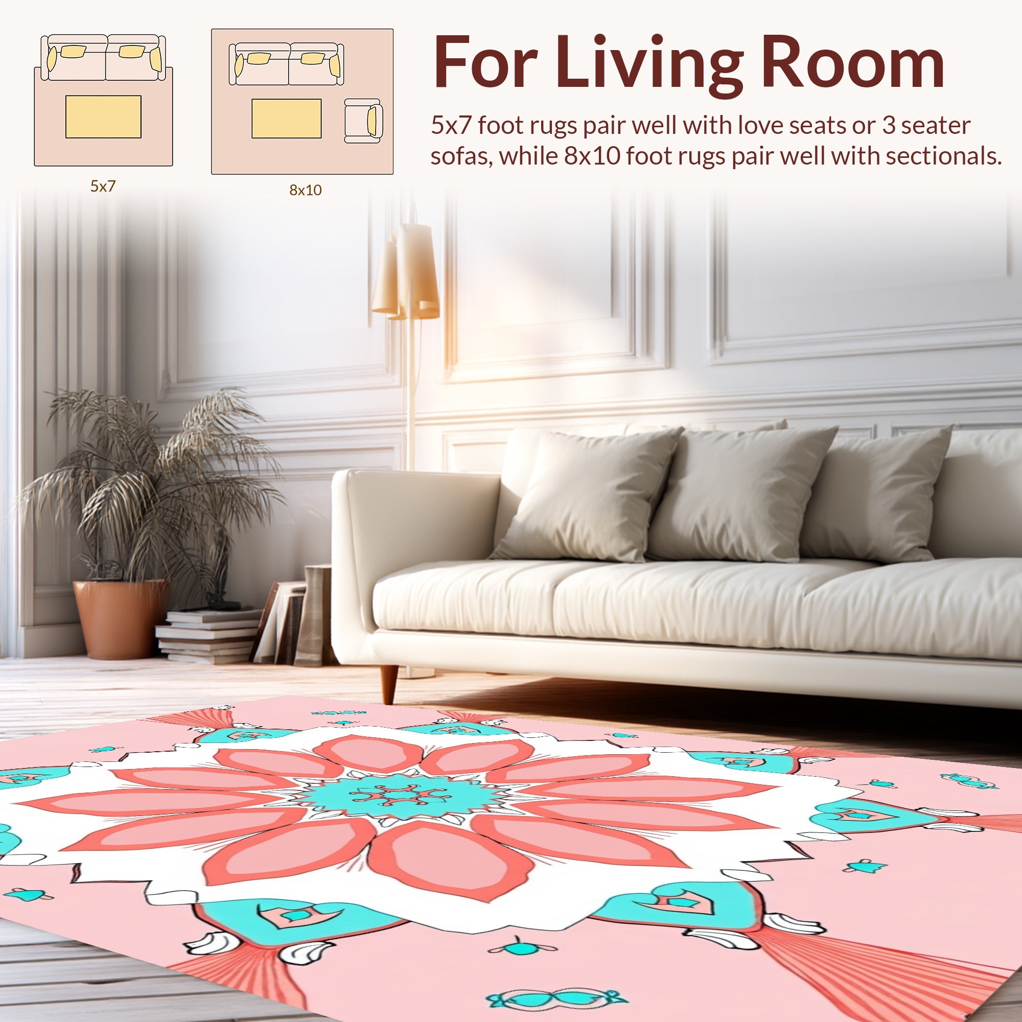 Coral Teal Floral Mandala Design Rug