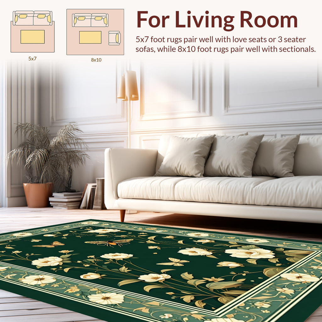 Elegant Emerald Floral Butterfly Design Rug